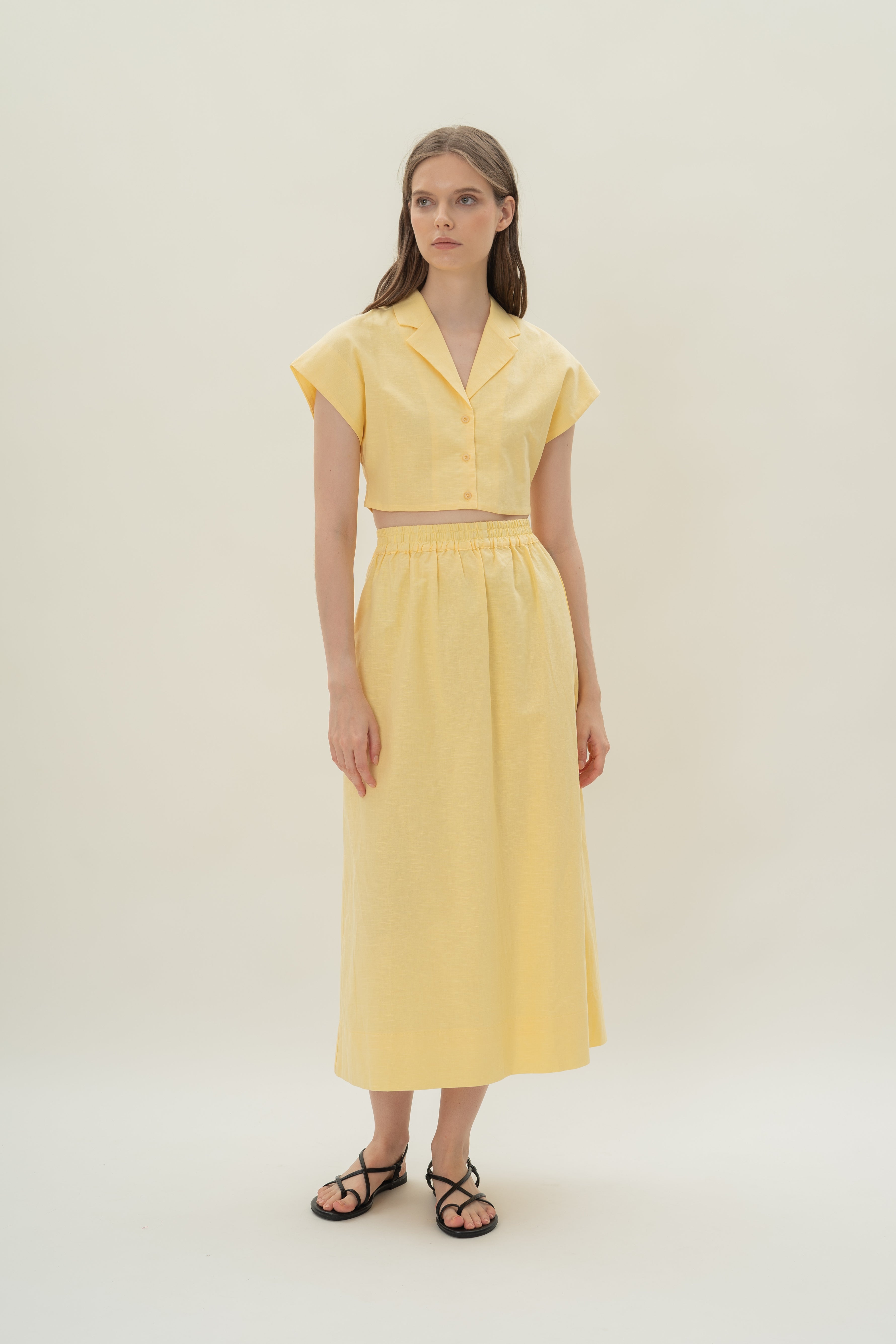 Linen Cropped Lapel Shirt in Lemon