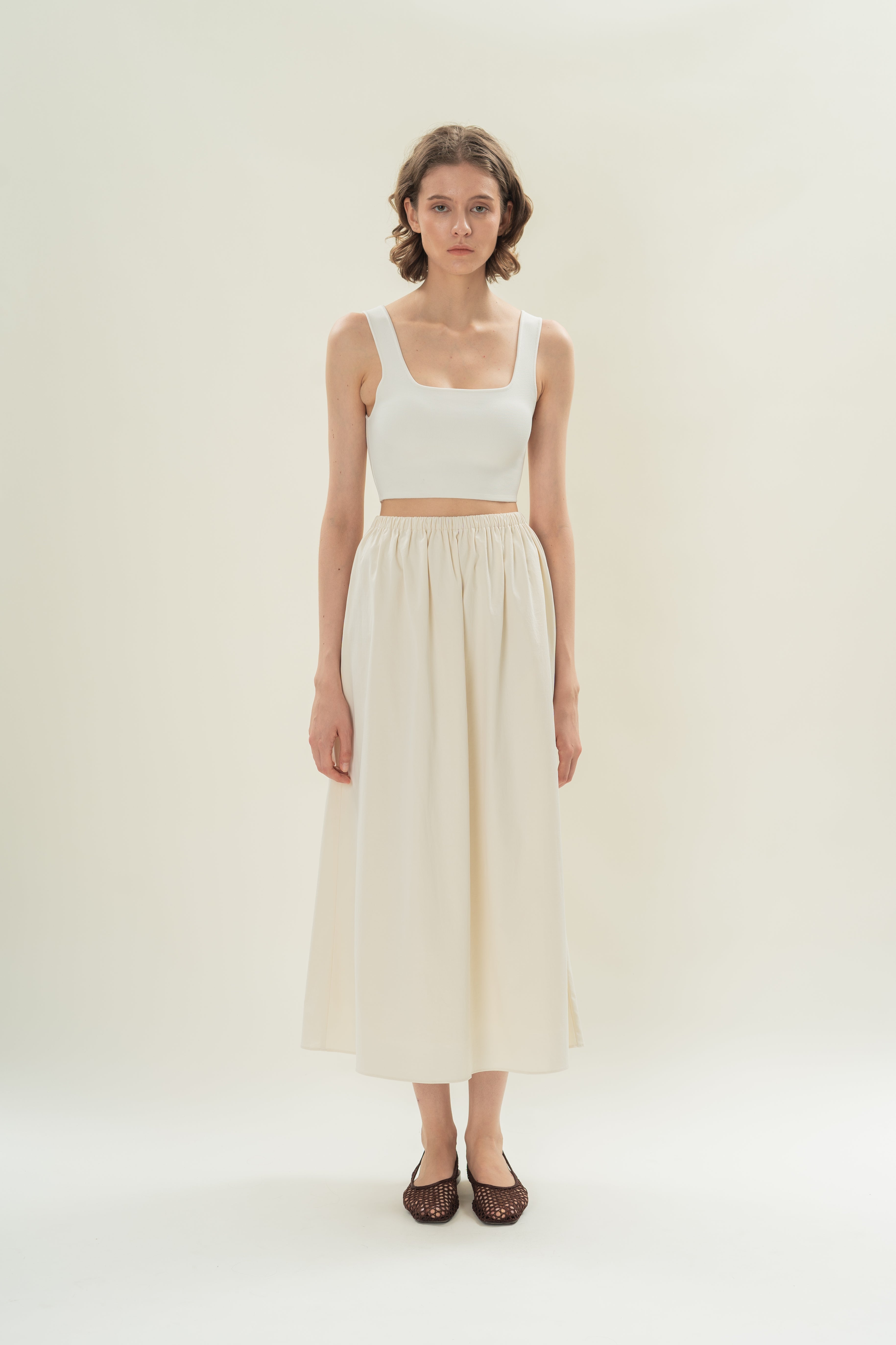 Gathered Waist A-line Skirt in Natural