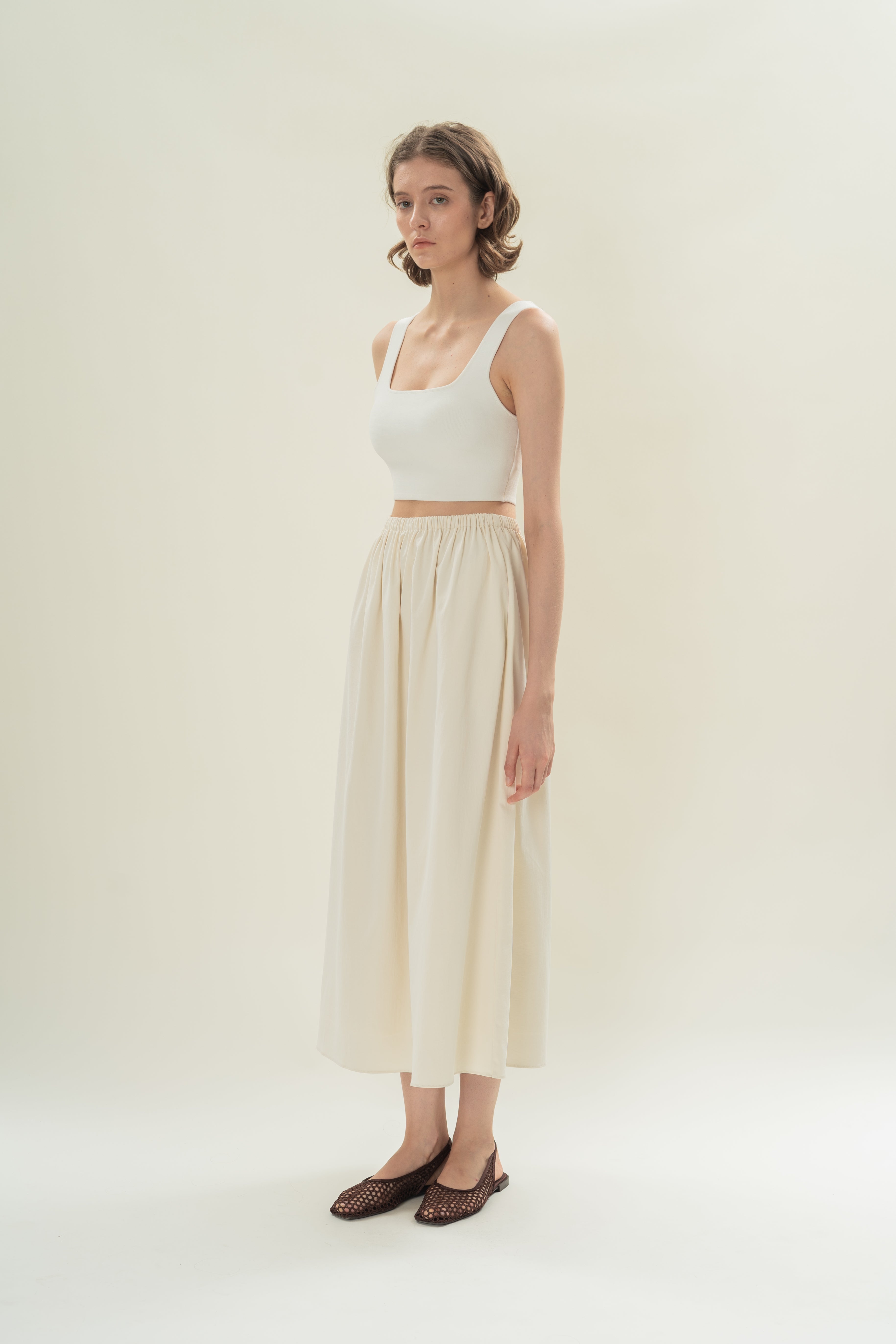 Gathered Waist A-line Skirt in Natural