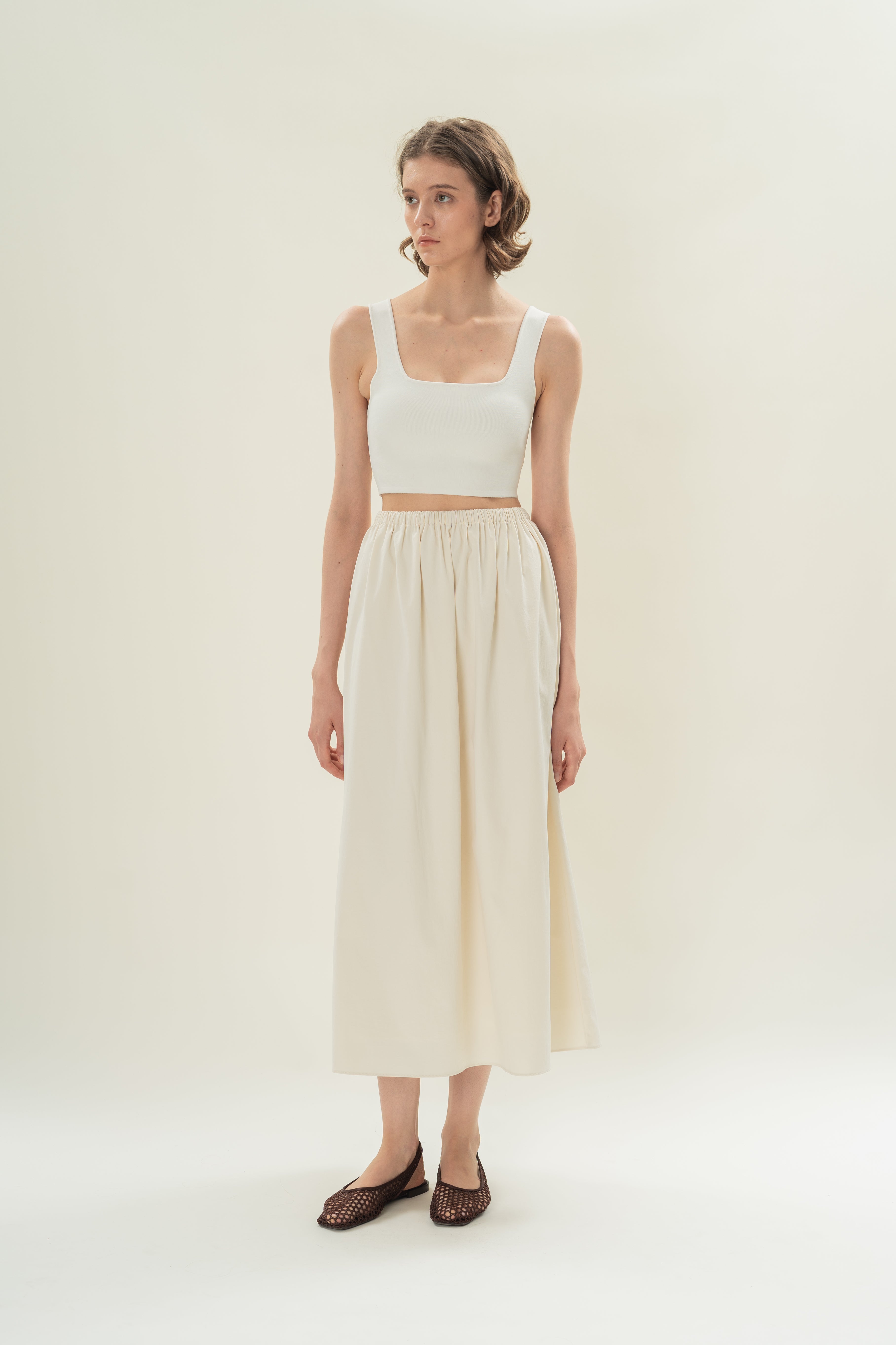 Gathered Waist A-line Skirt in Natural