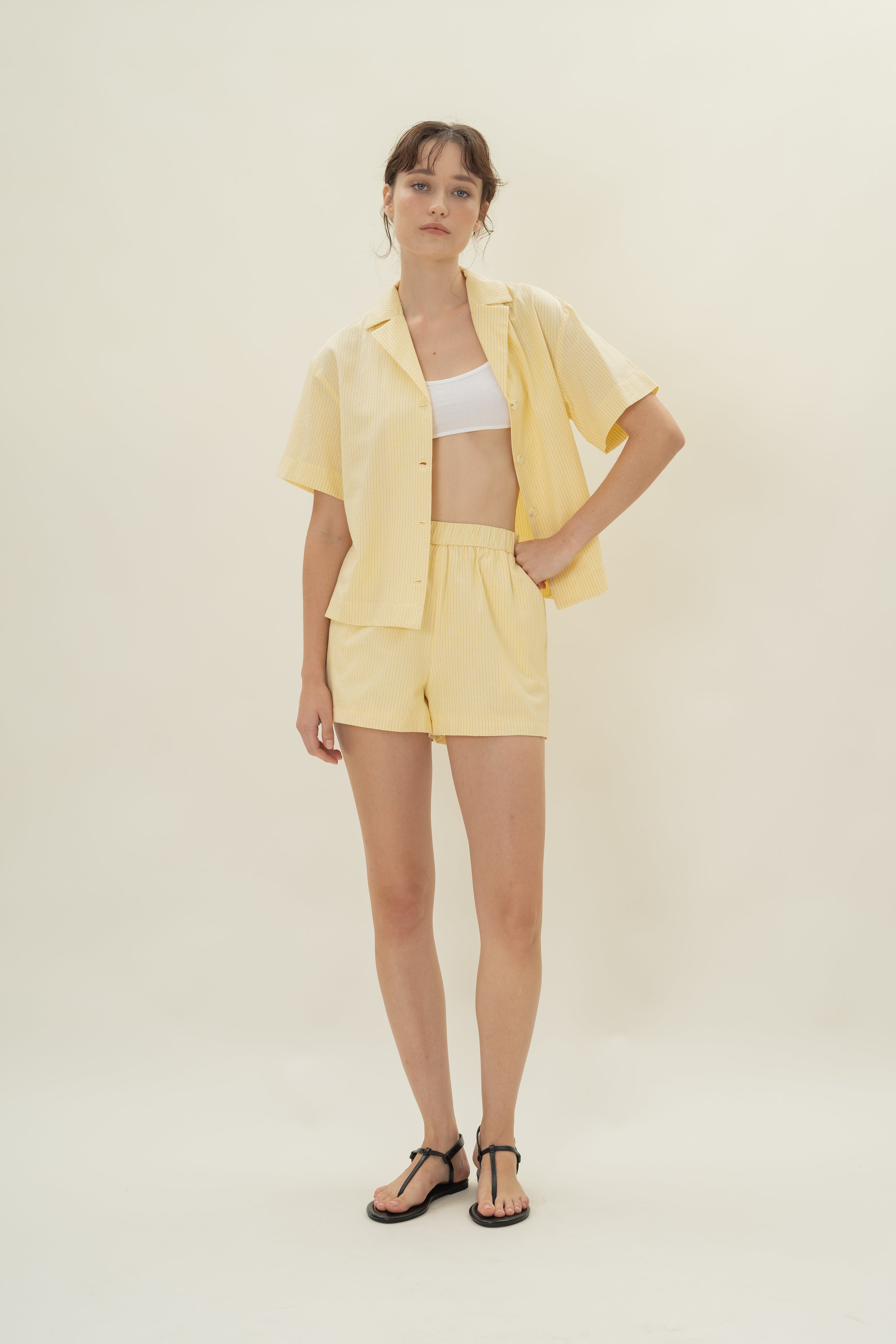 Cruise Short Sleeved Shirt in Linen Blend Lemon Stripes