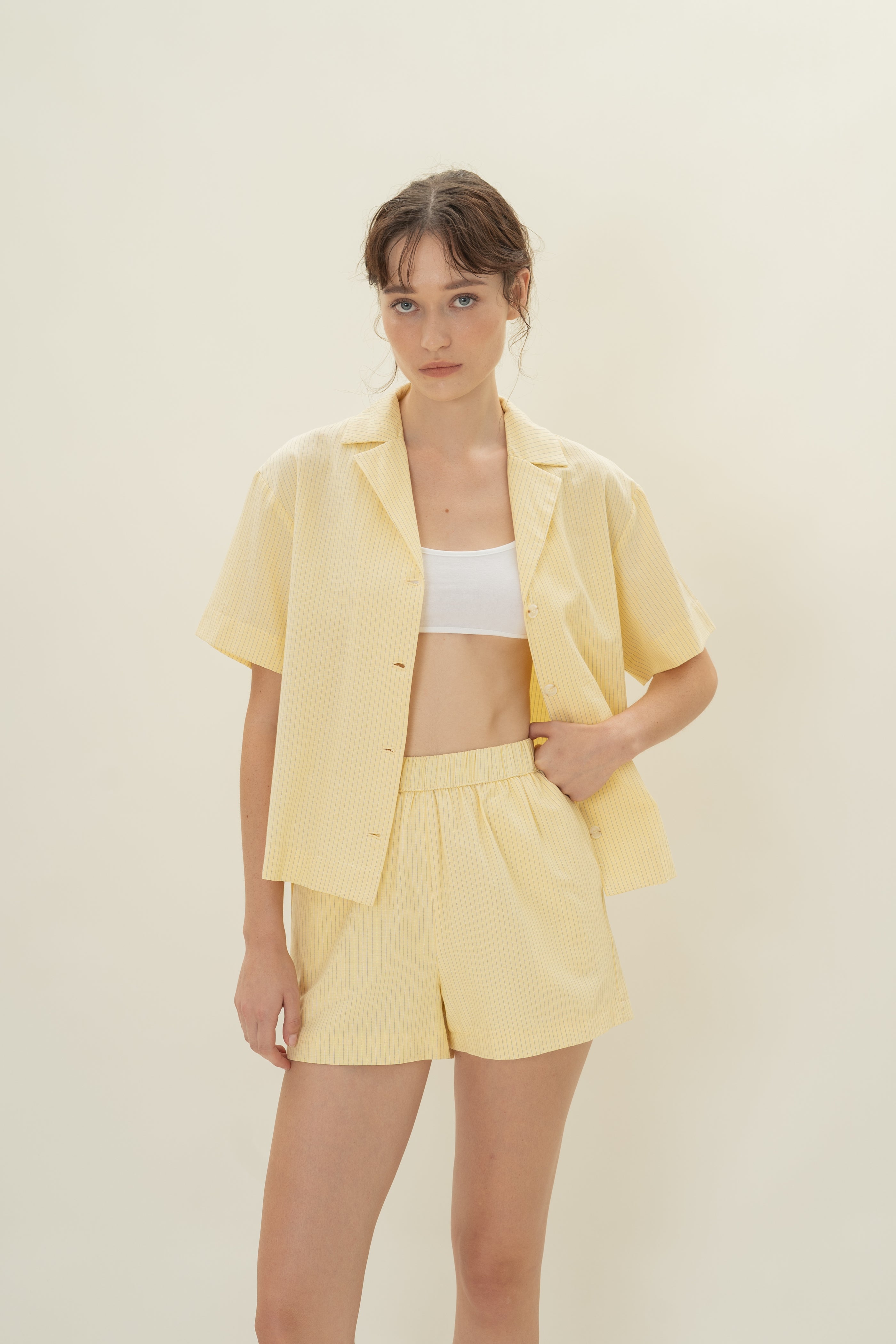 Cruise Short Sleeved Shirt in Linen Blend Lemon Stripes