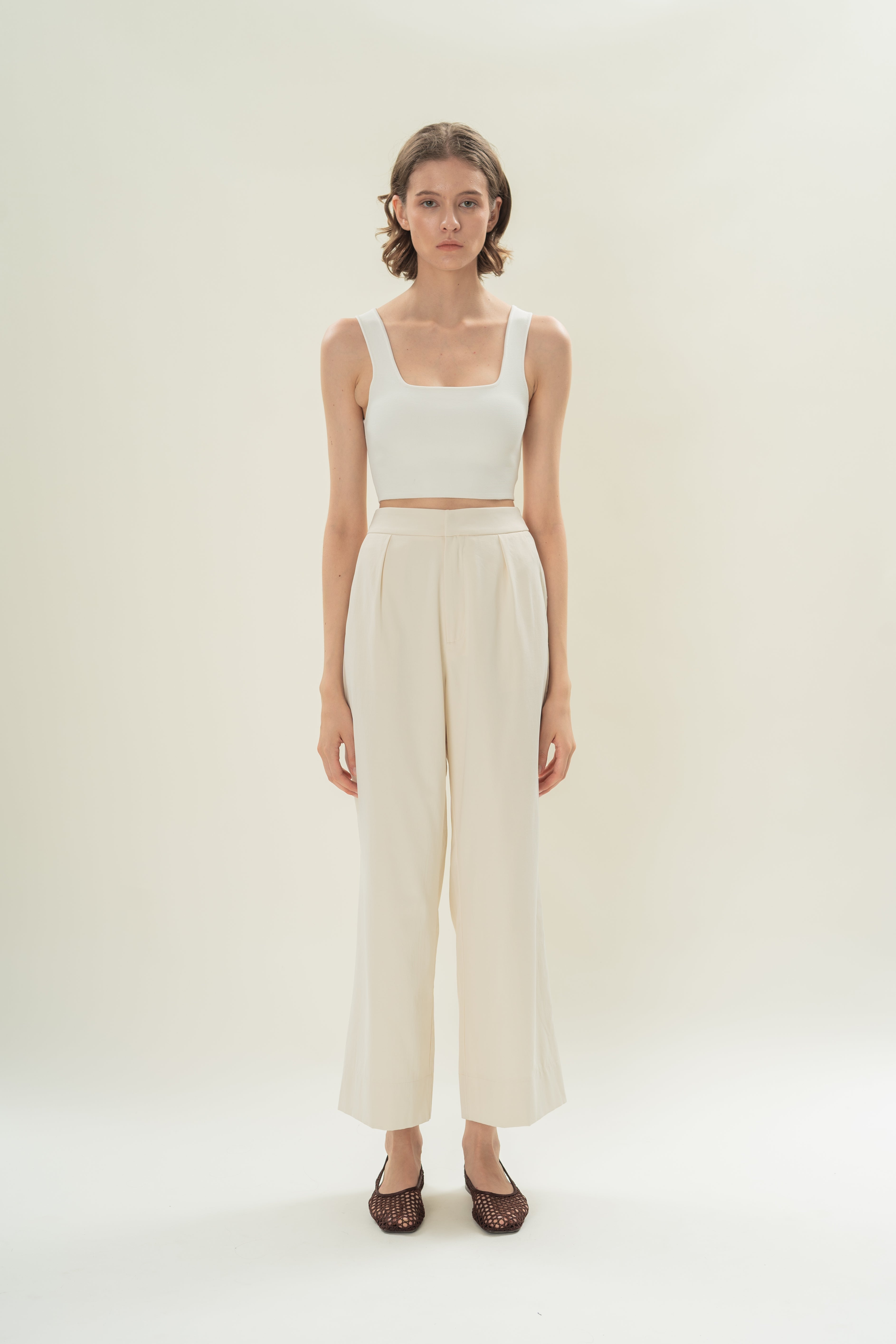 Pleated Straight Trousers in Natural