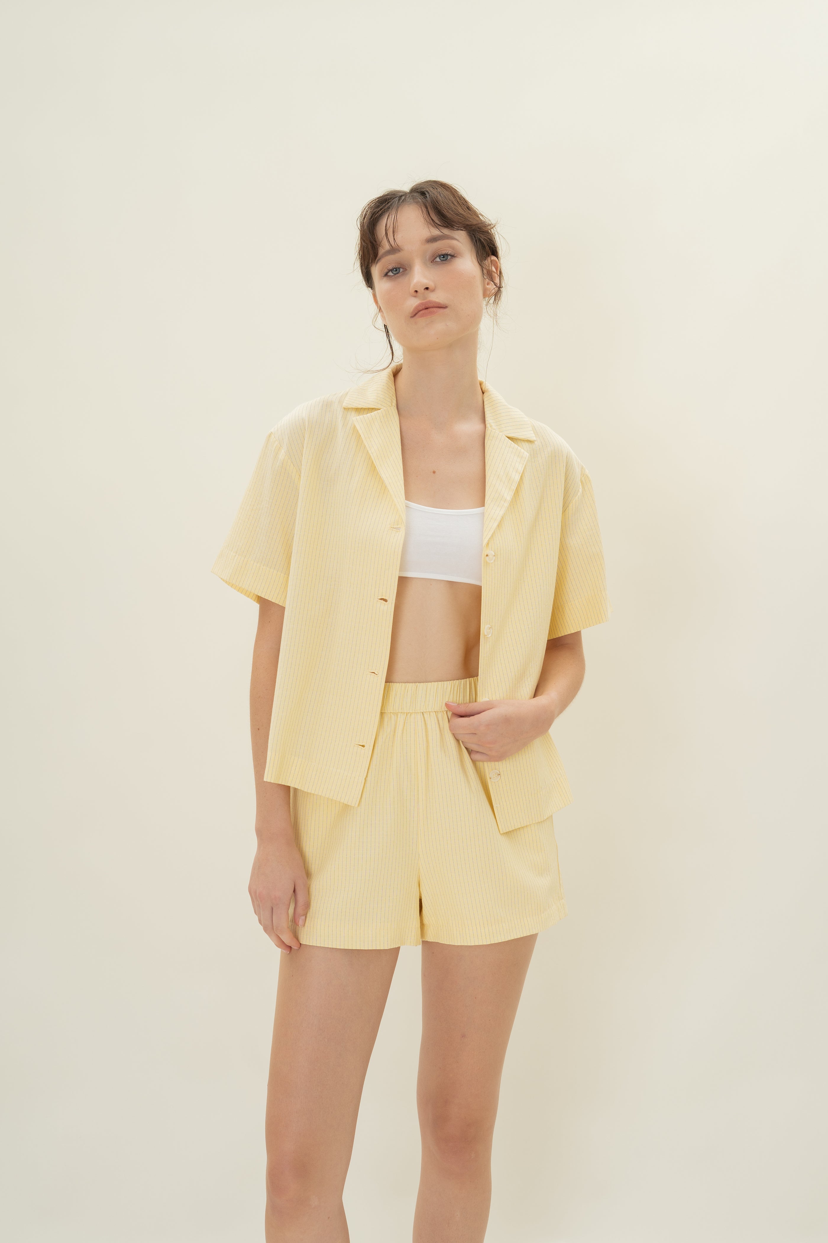 Cruise Short Sleeved Shirt in Linen Blend Lemon Stripes