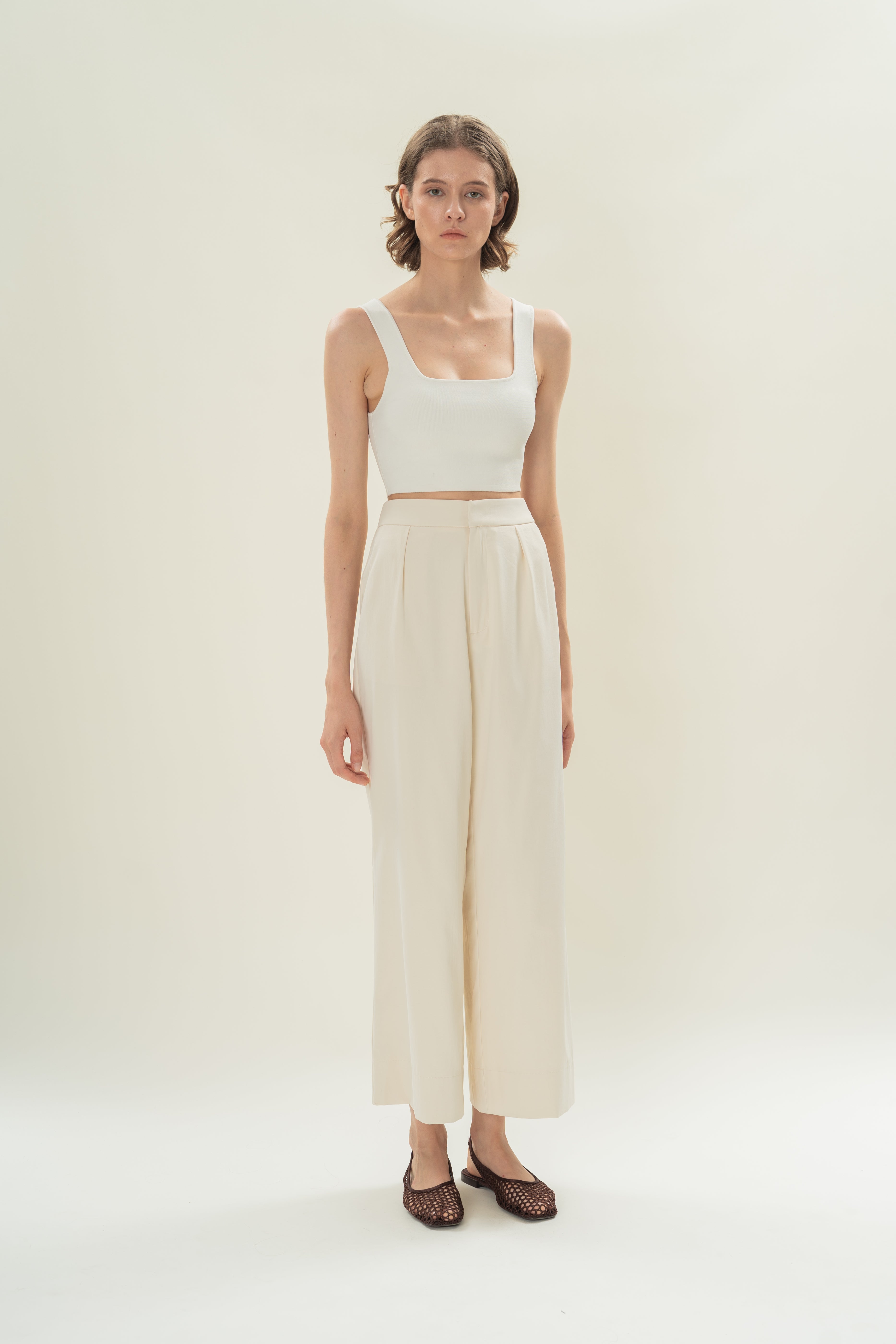 Pleated Straight Trousers in Natural