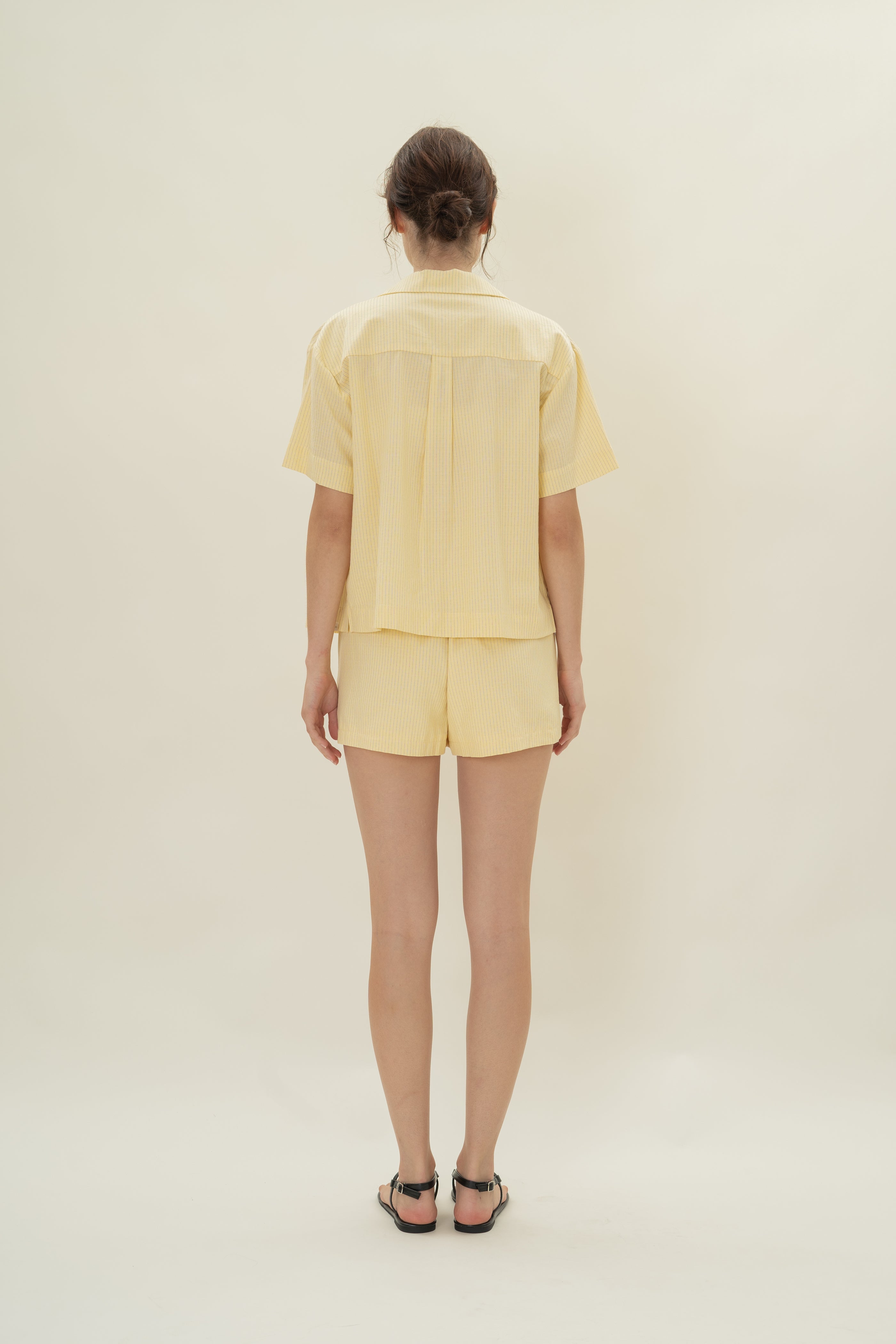 Cruise Short Sleeved Shirt in Linen Blend Lemon Stripes