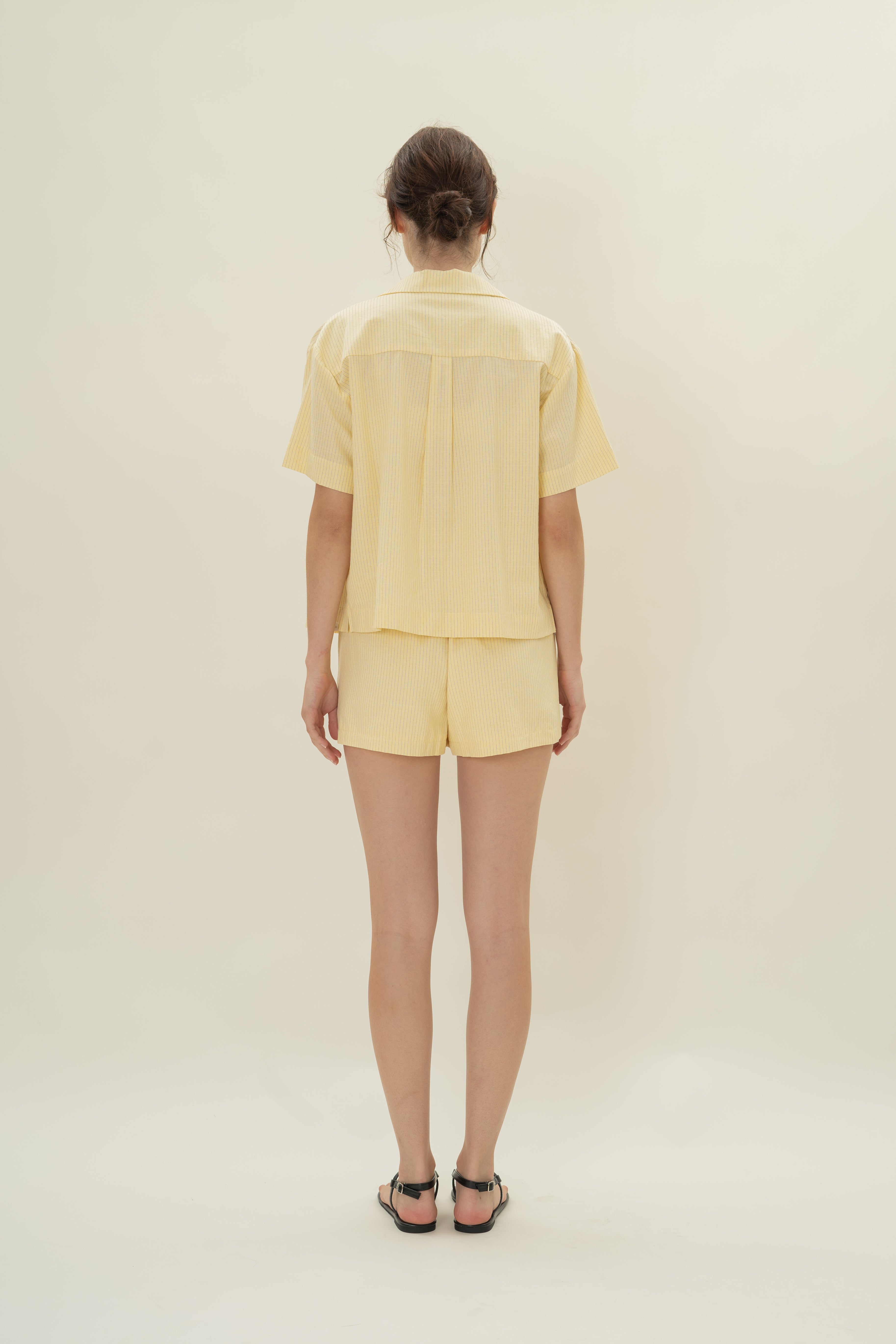 Cruise Short Sleeved Shirt in Linen Blend Lemon Stripes