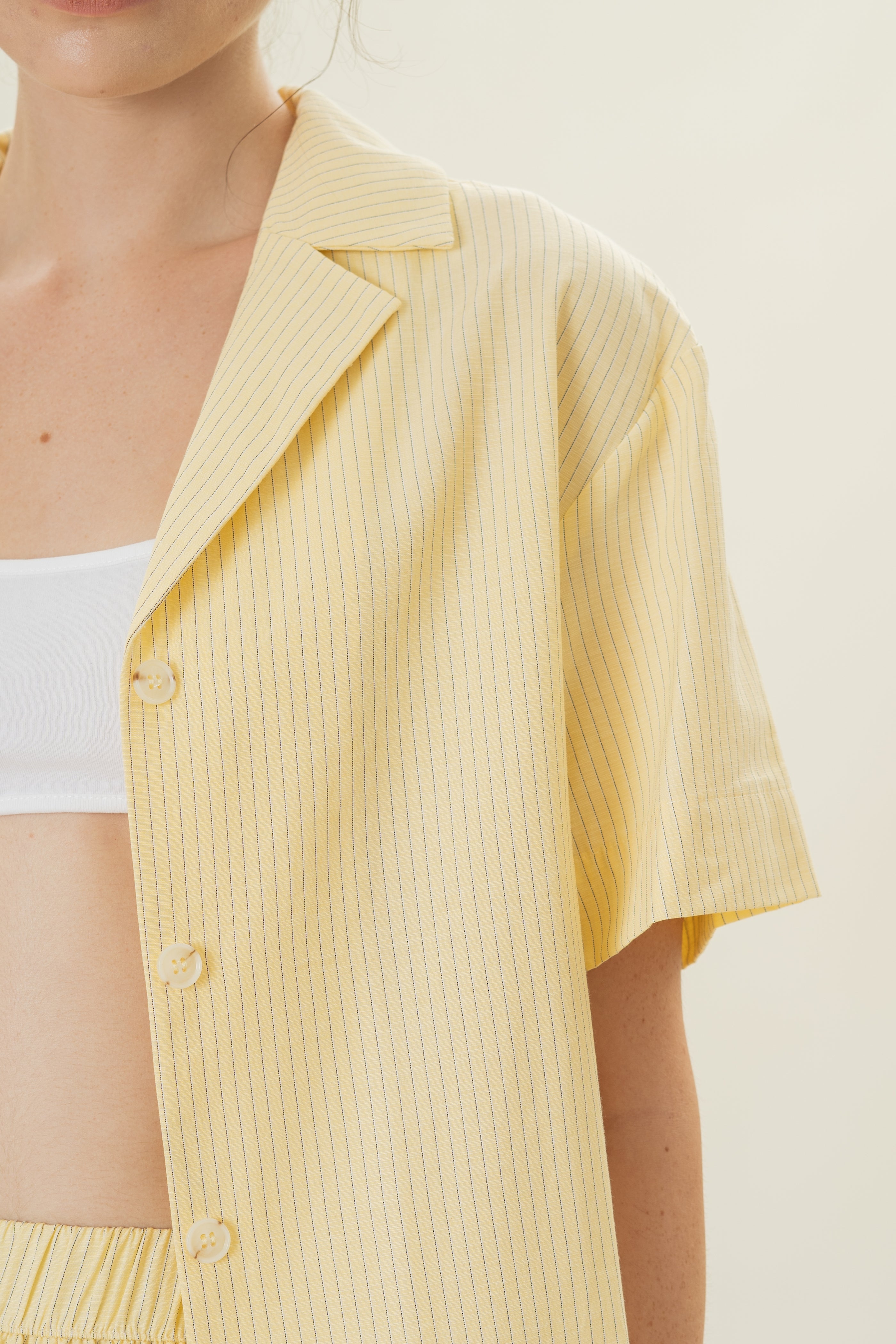 Cruise Short Sleeved Shirt in Linen Blend Lemon Stripes