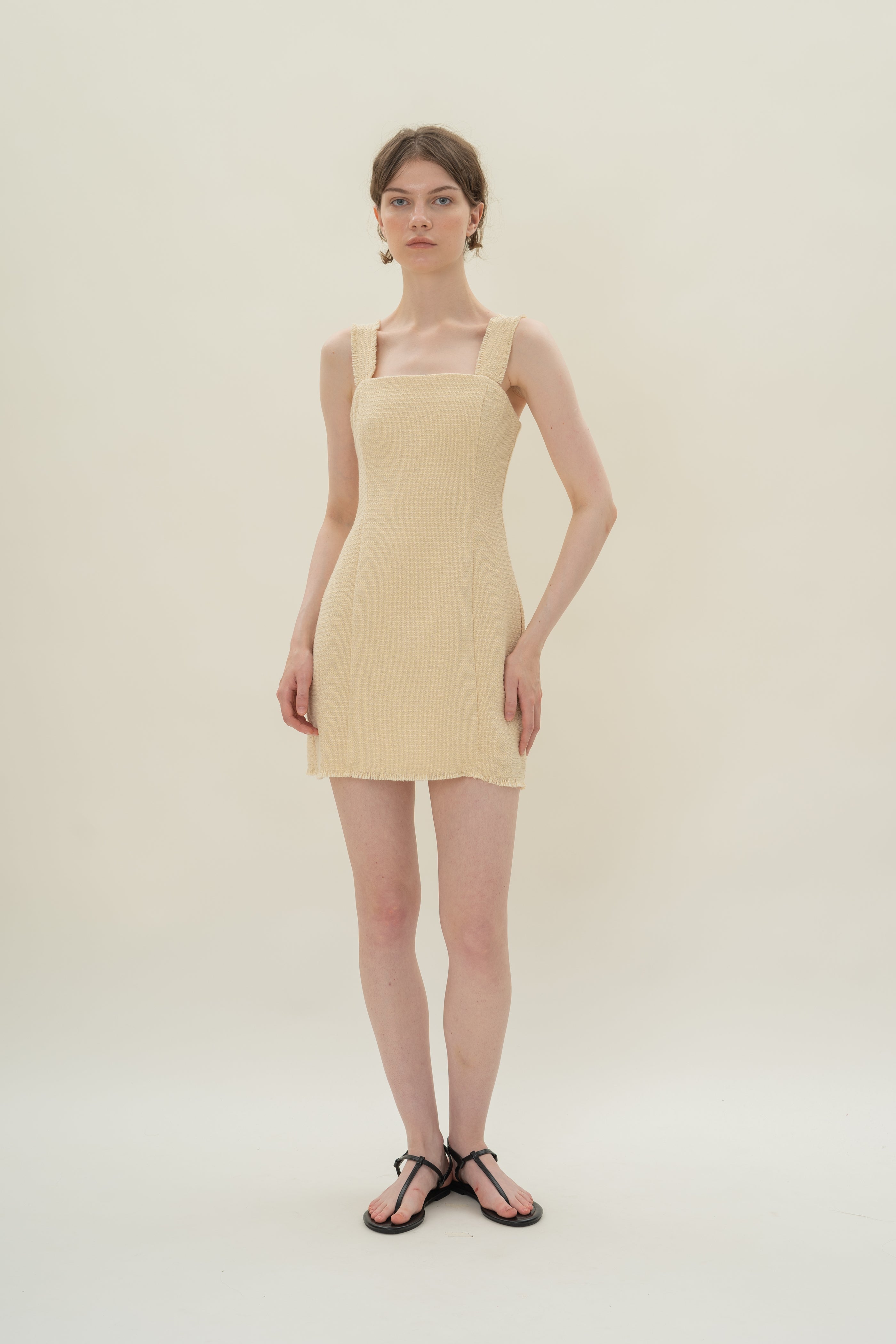 Frayed Hem Textured Mini Dress in Tweed Yellow