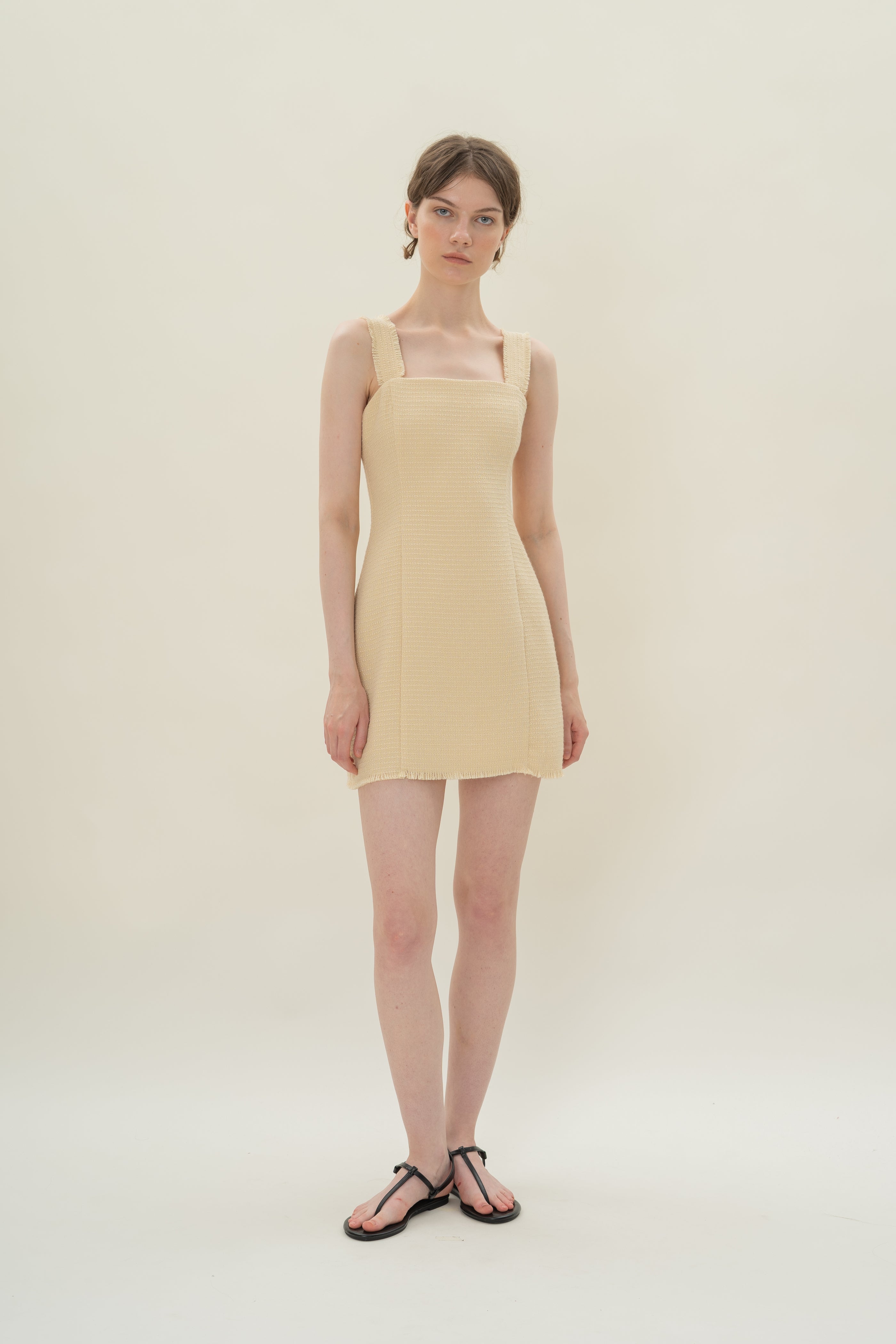 Frayed Hem Textured Mini Dress in Tweed Yellow