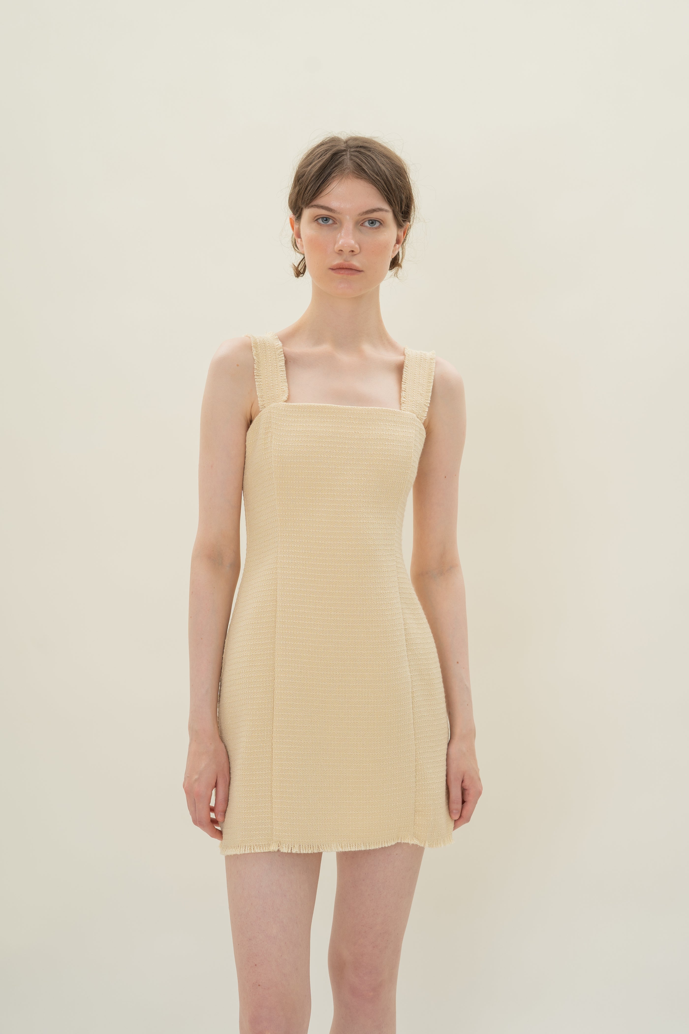 Frayed Hem Textured Mini Dress in Tweed Yellow