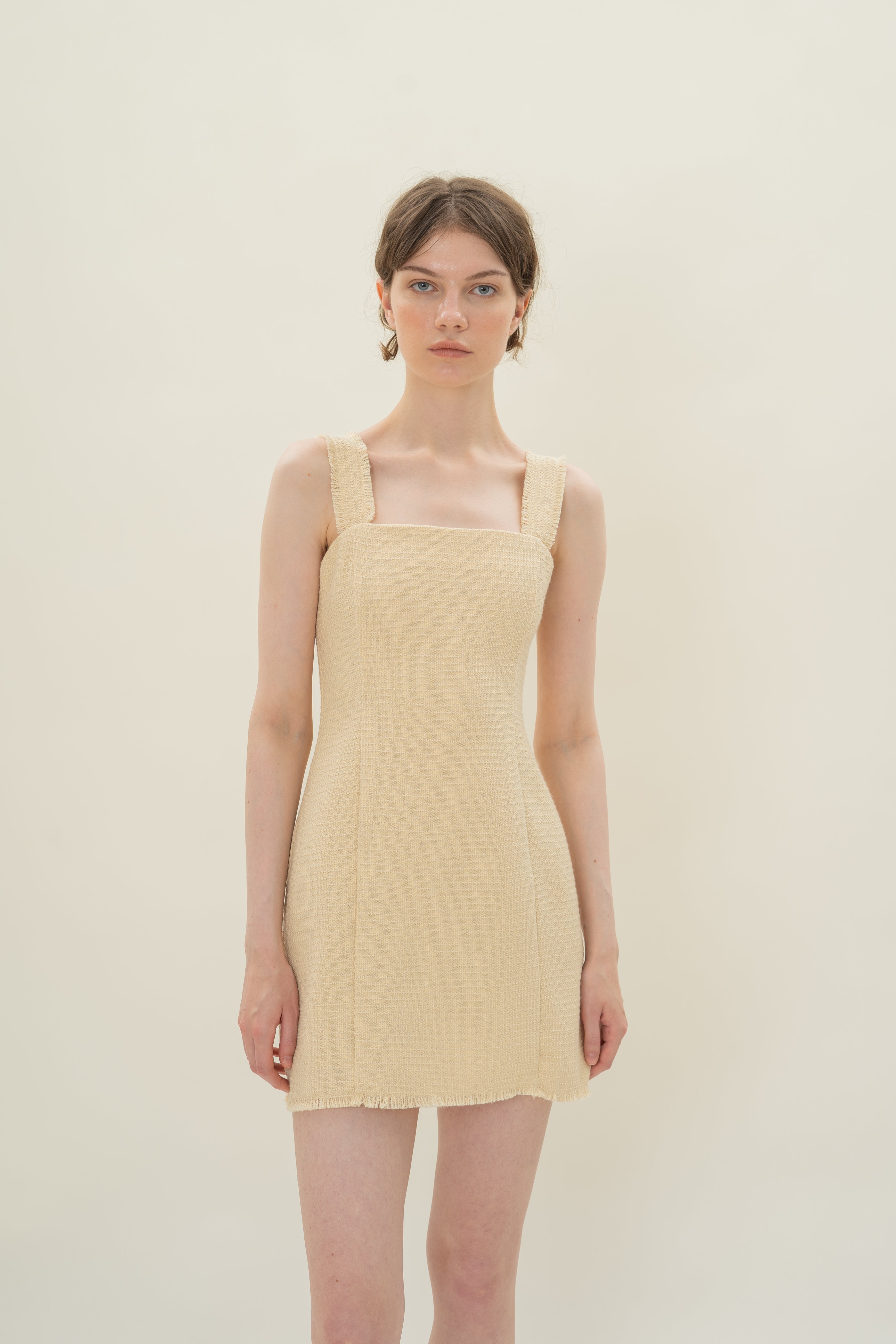 Frayed Hem Textured Mini Dress in Tweed Yellow