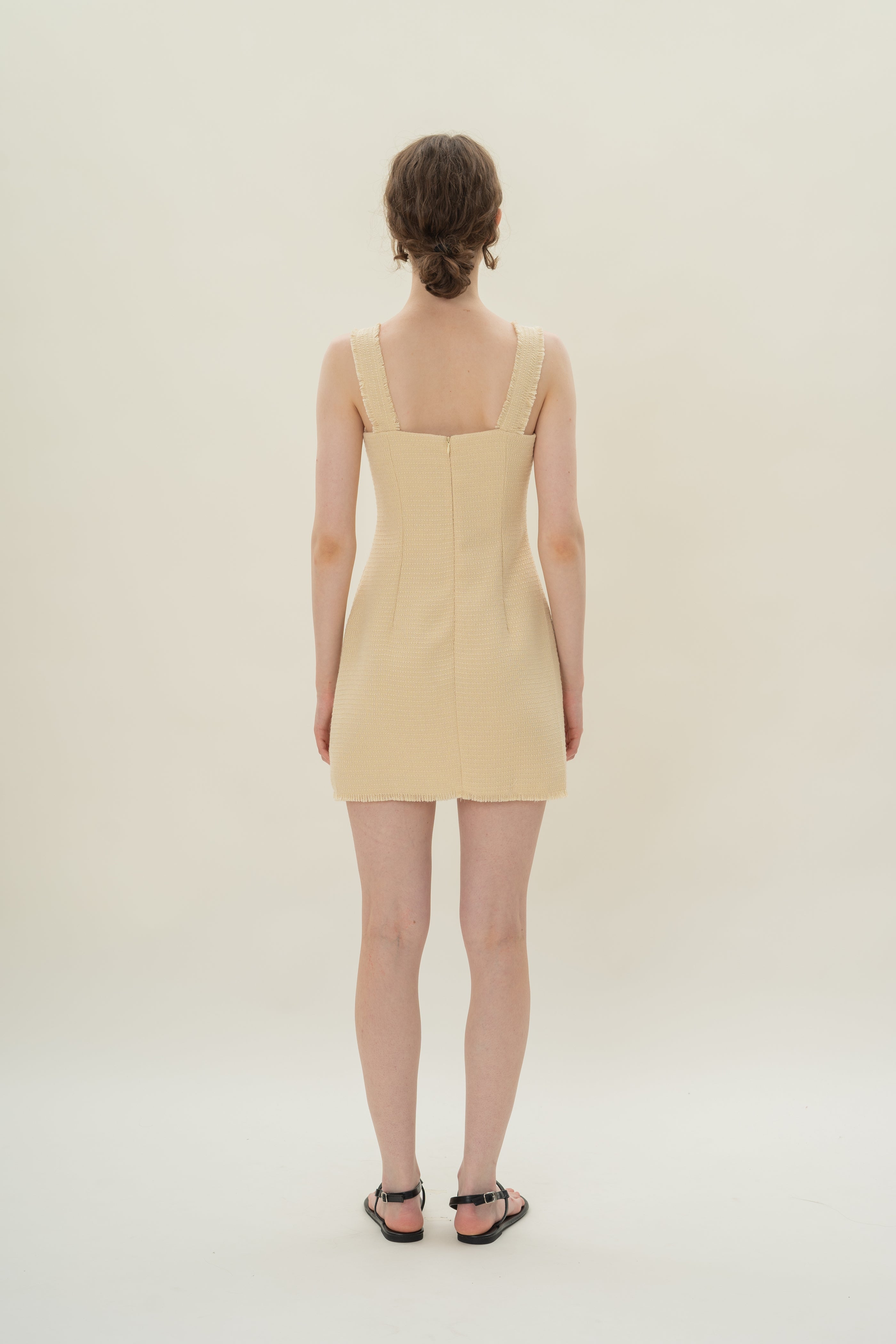 Frayed Hem Textured Mini Dress in Tweed Yellow