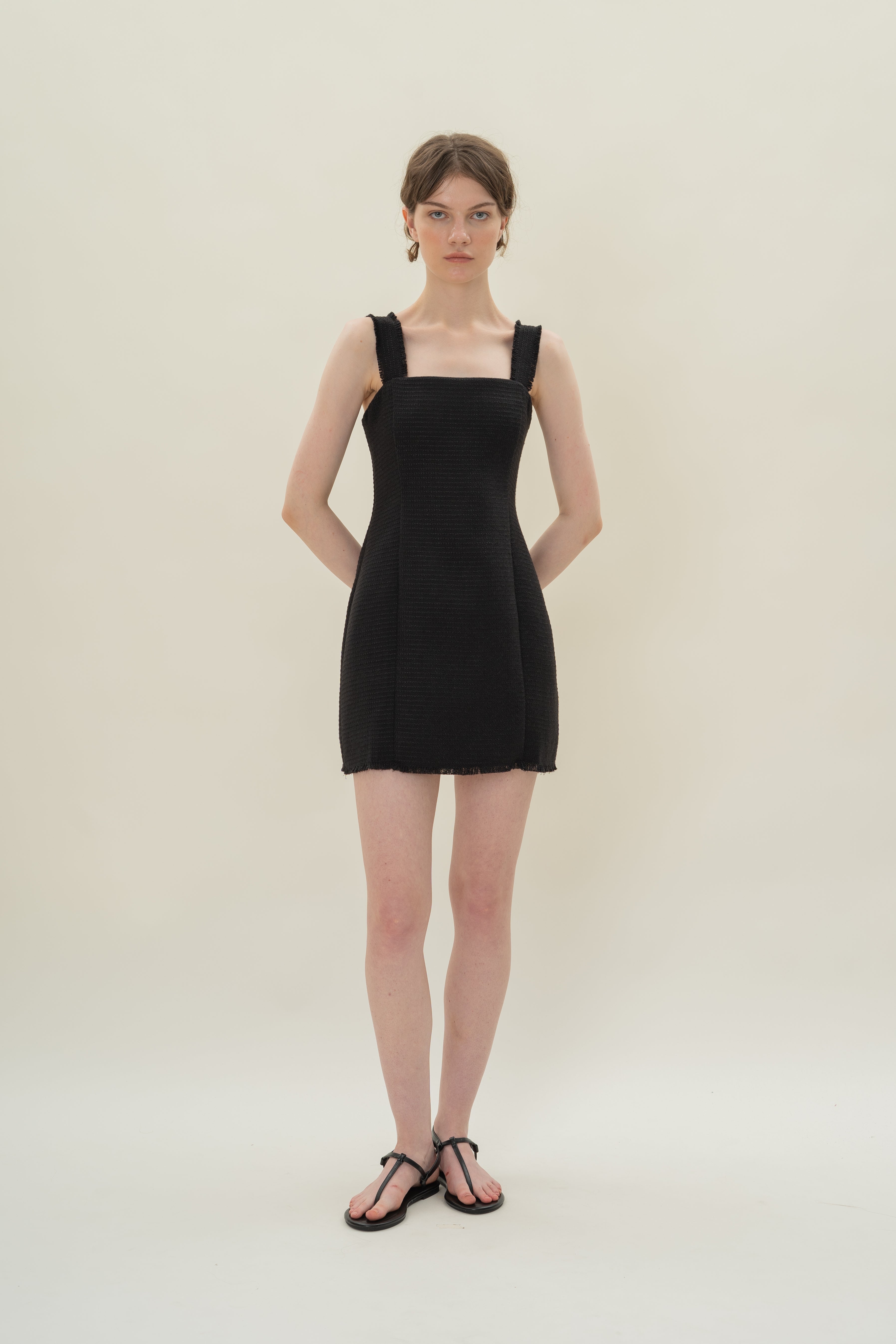Frayed Hem Textured Mini Dress in Tweed Black