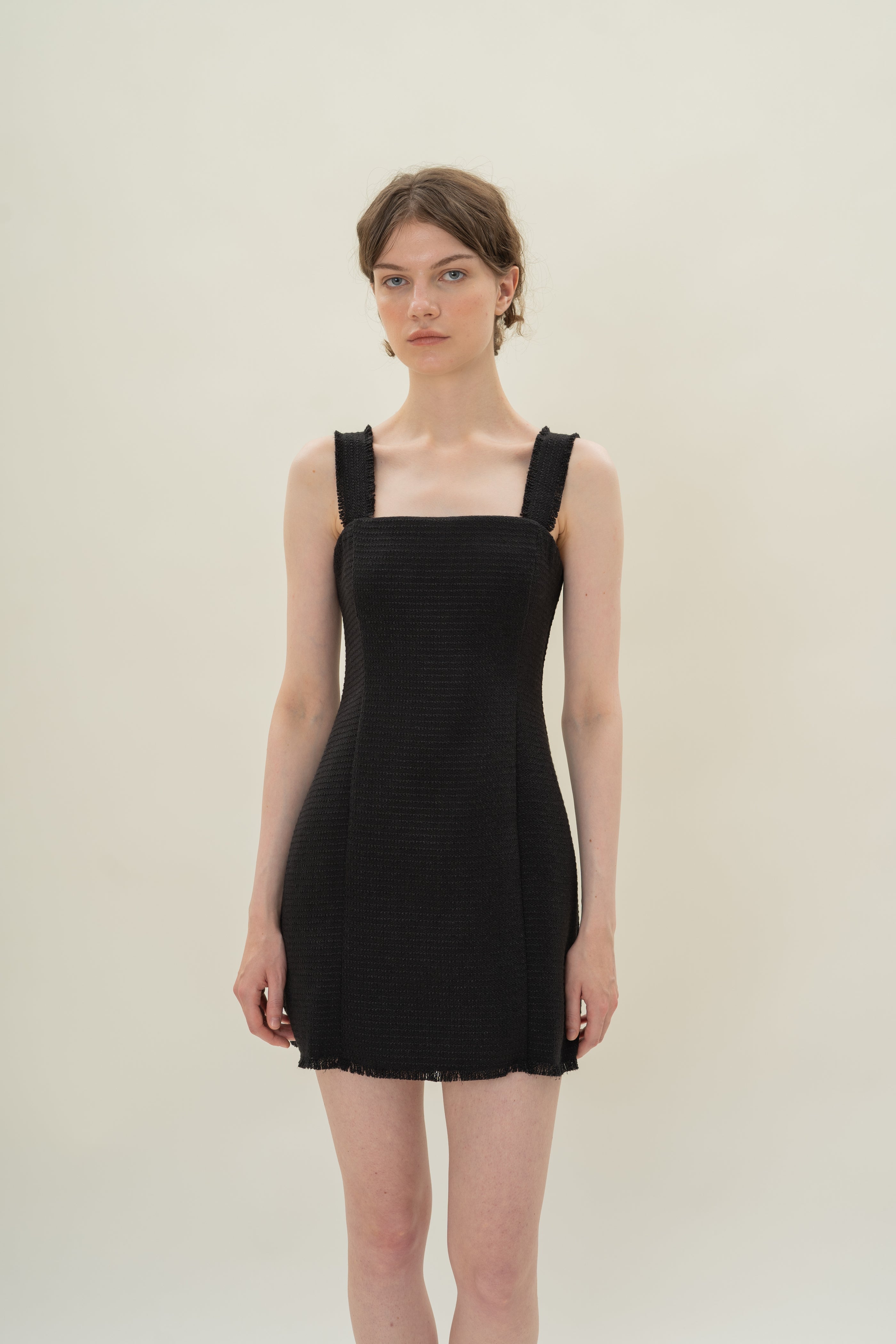 Frayed Hem Textured Mini Dress in Tweed Black