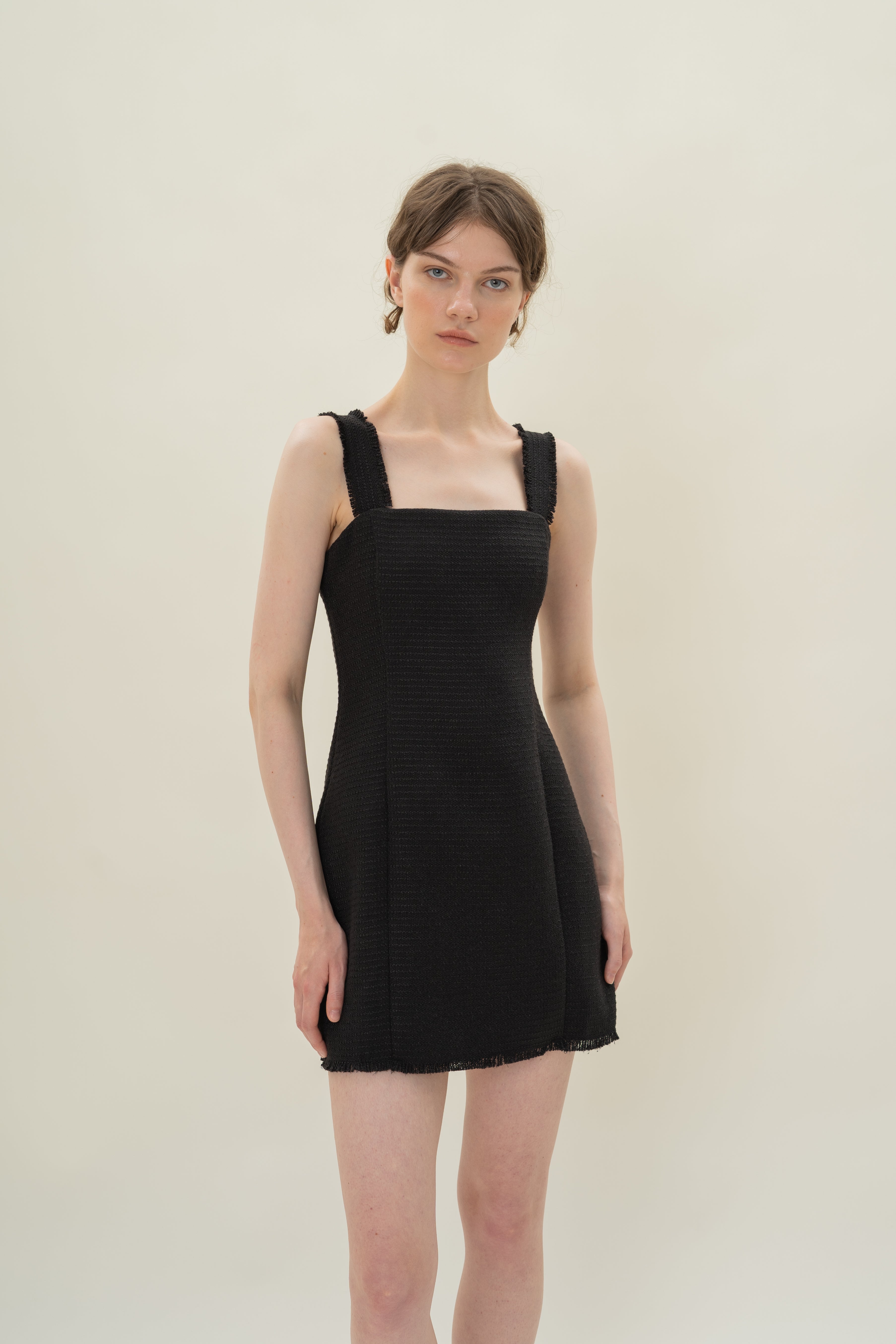 Frayed Hem Textured Mini Dress in Tweed Black