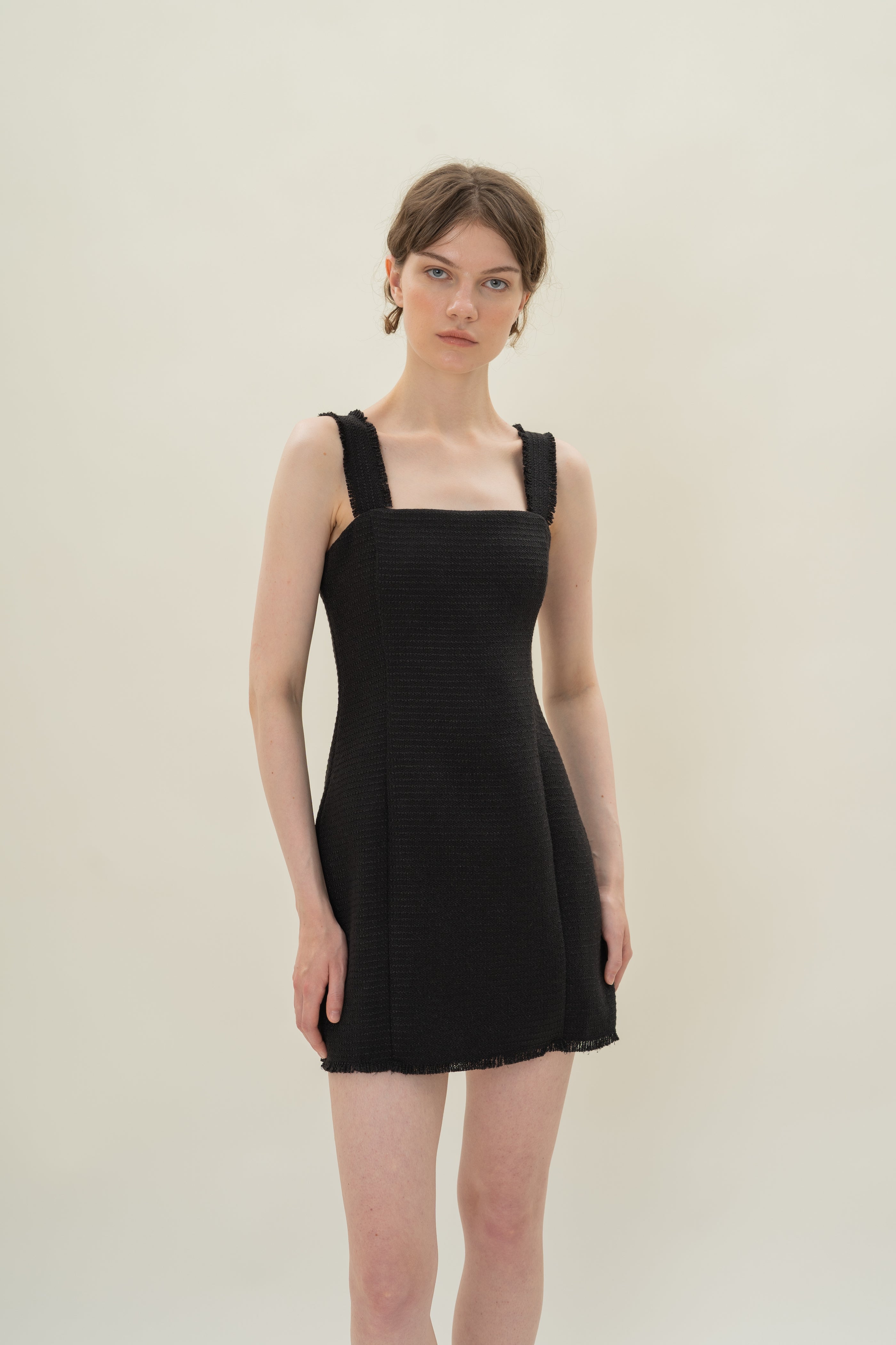 Frayed Hem Textured Mini Dress in Tweed Black