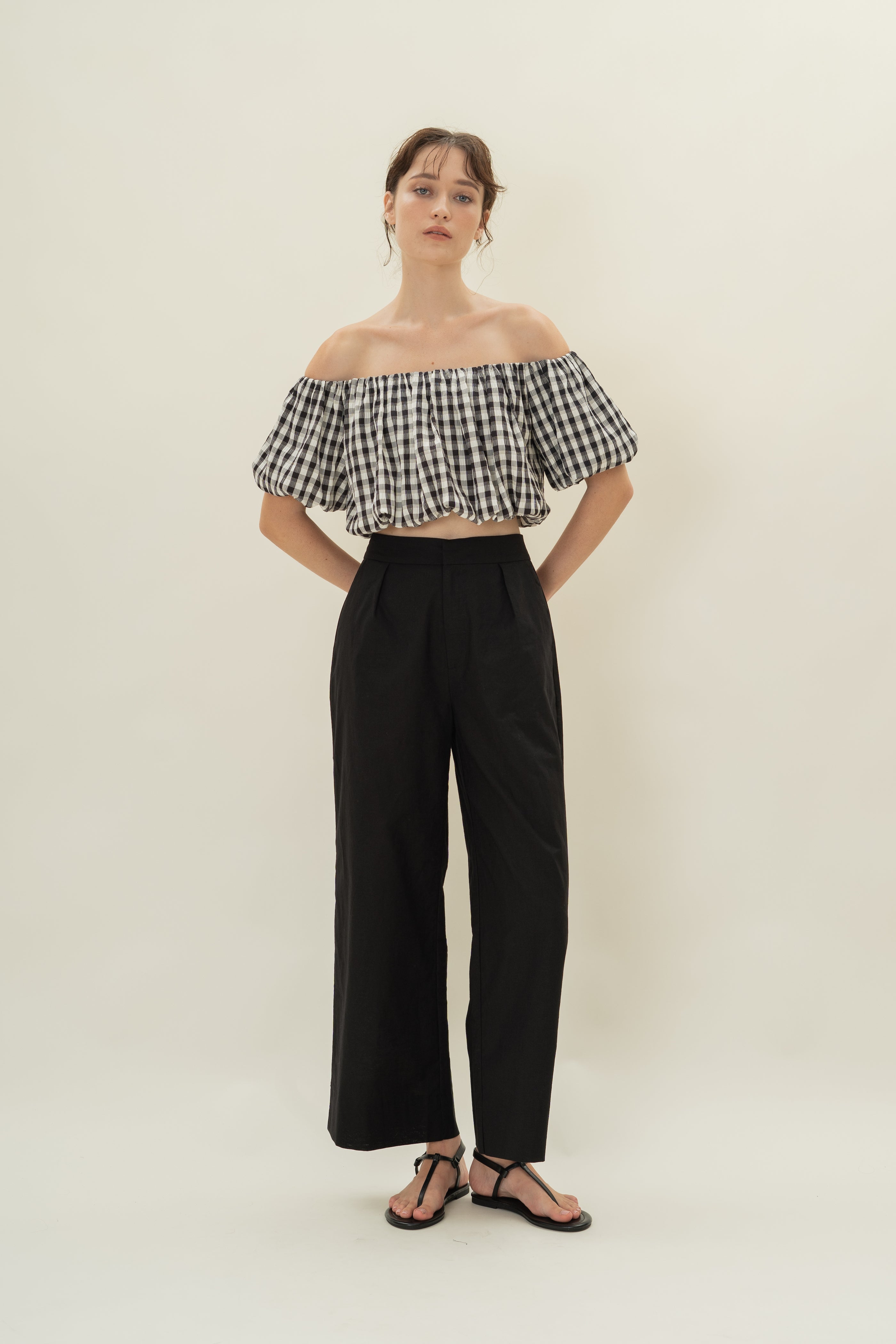 Puff Sleeve Off Shoulder Bubble Top in Black Gingham
