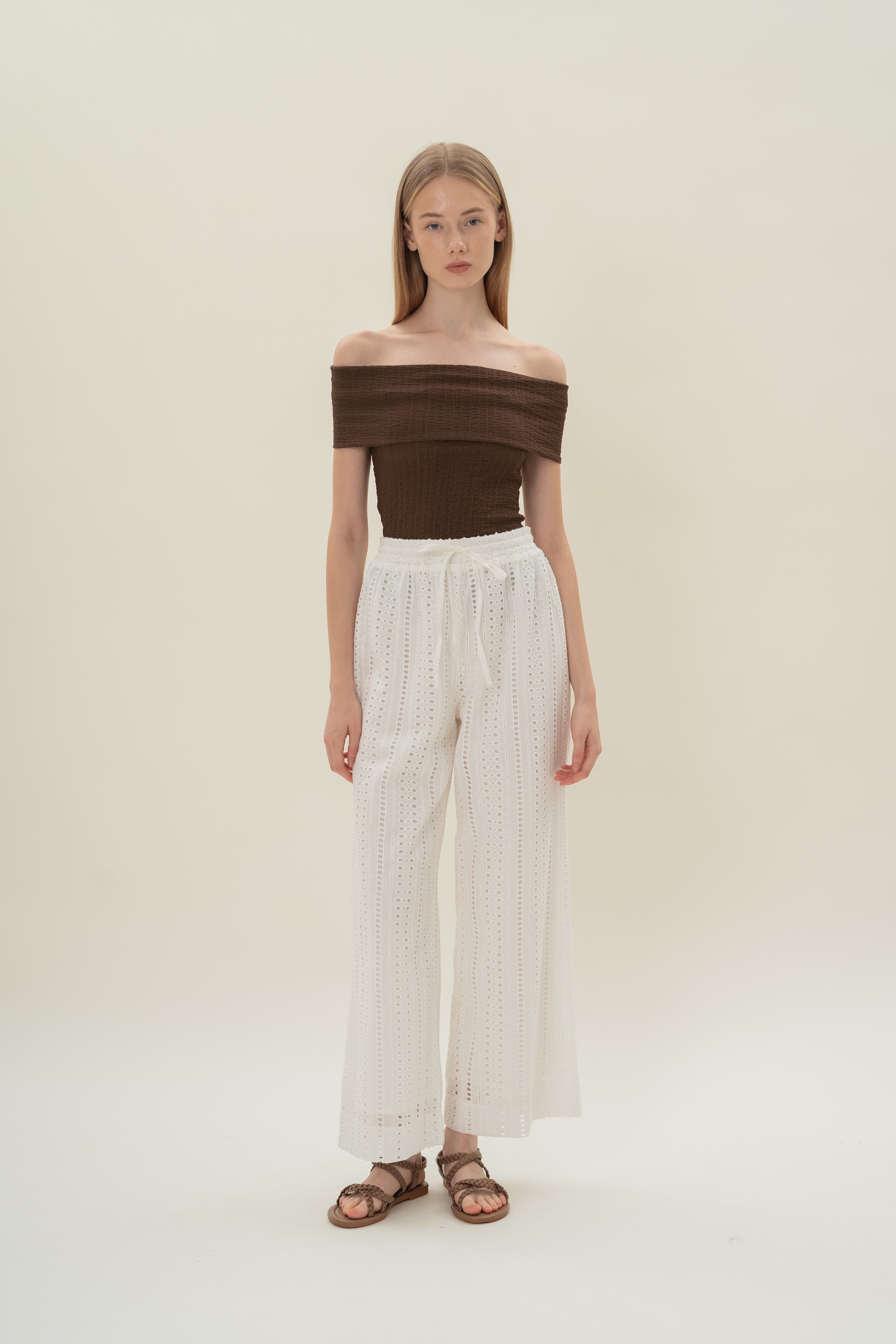 Crinkled Off Shoulder Wrap Top in Java