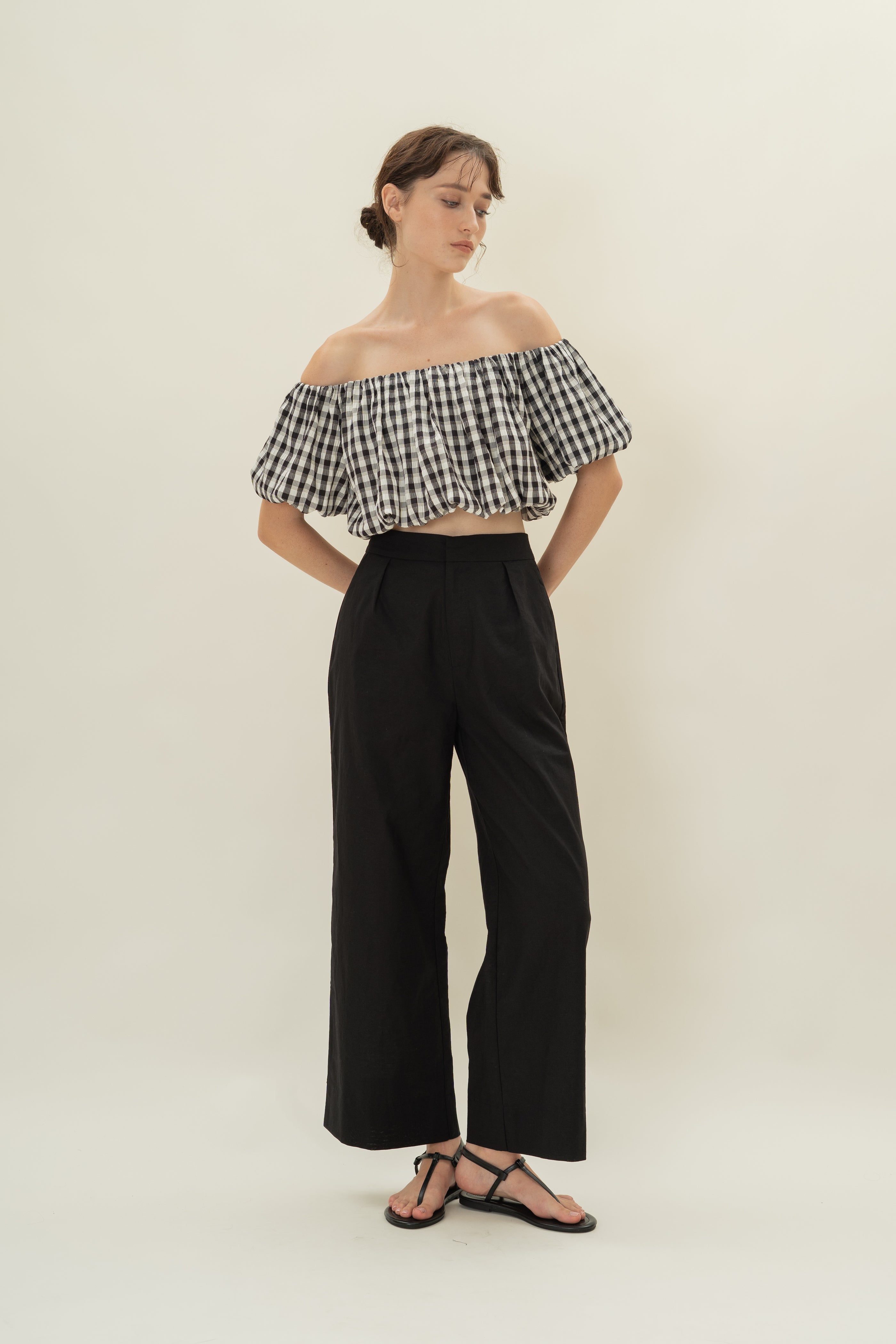 Puff Sleeve Off Shoulder Bubble Top in Black Gingham