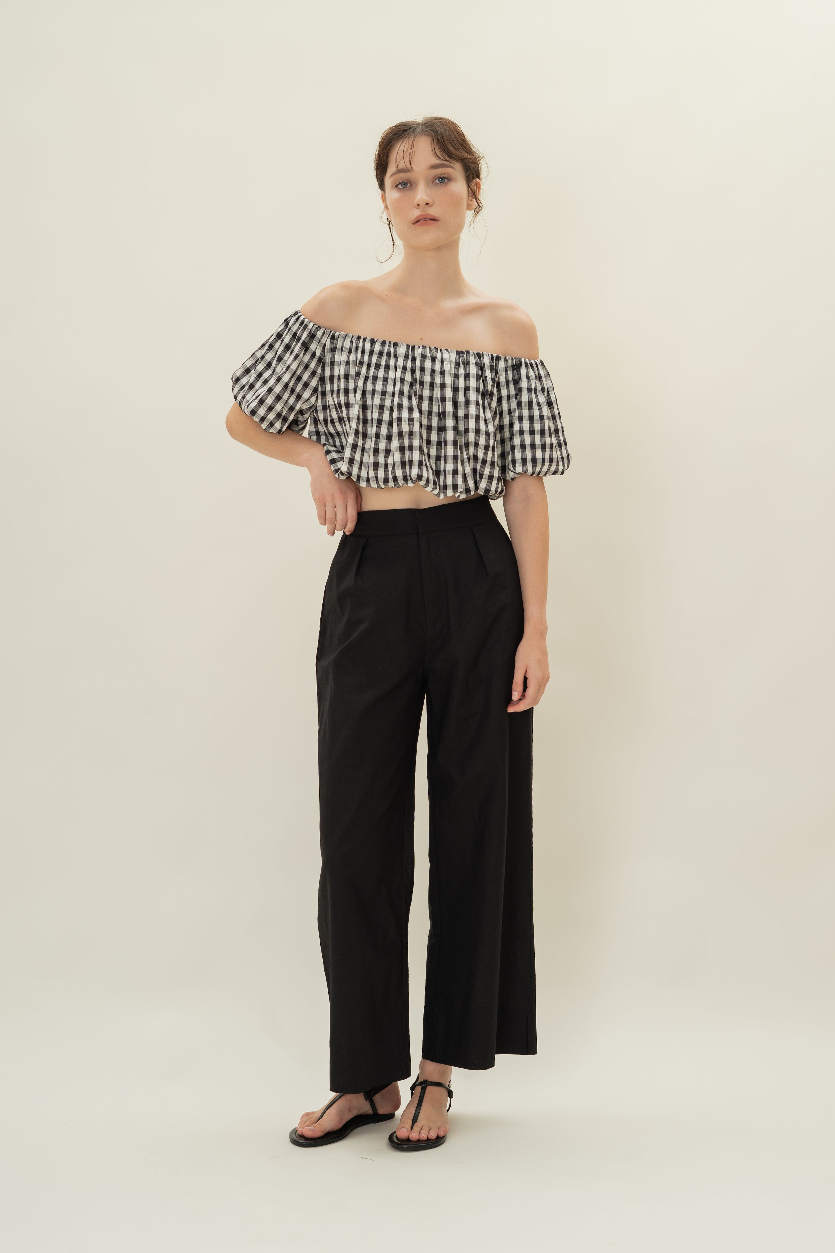 Puff Sleeve Off Shoulder Bubble Top in Black Gingham
