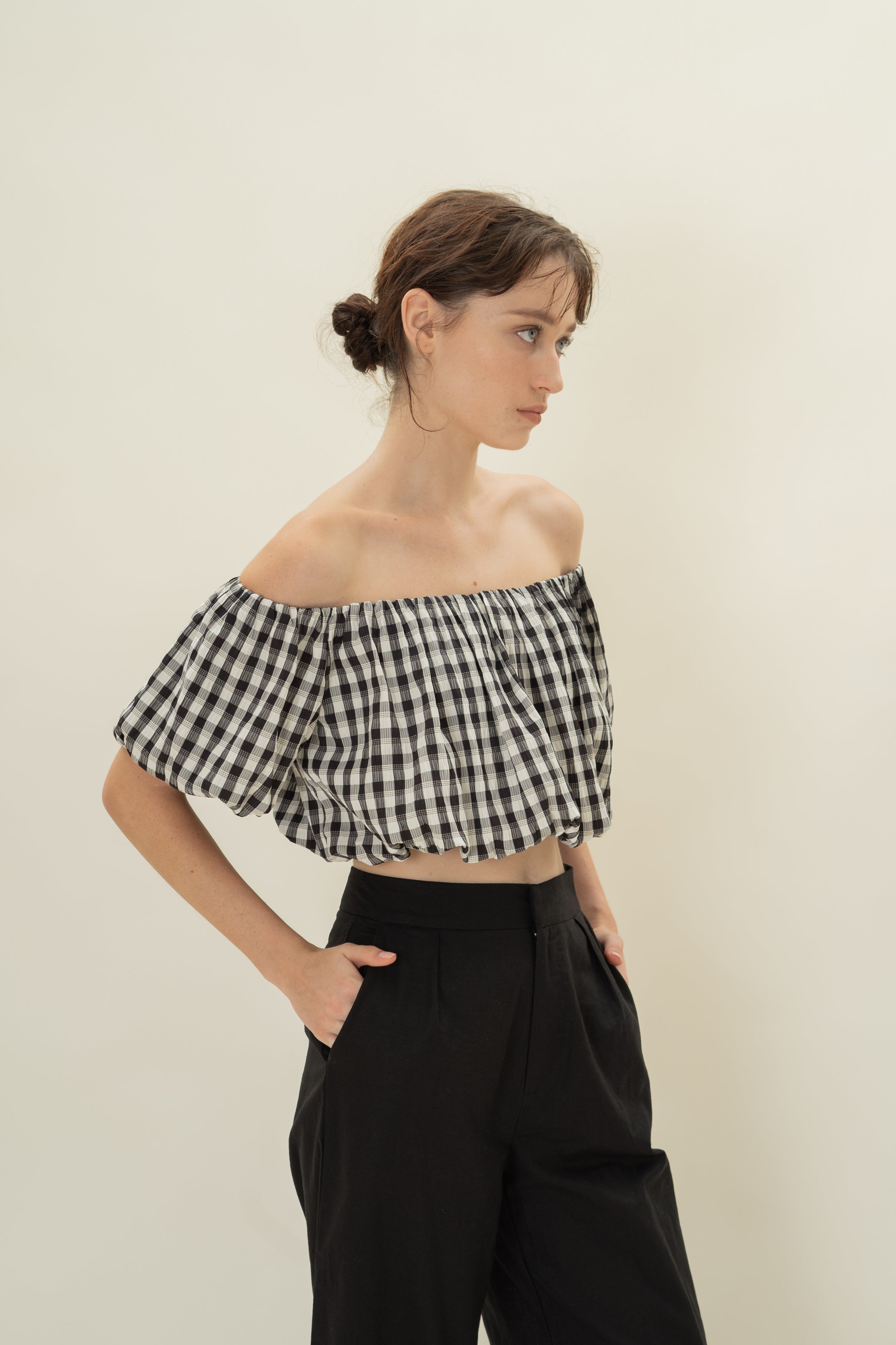 Puff Sleeve Off Shoulder Bubble Top in Black Gingham