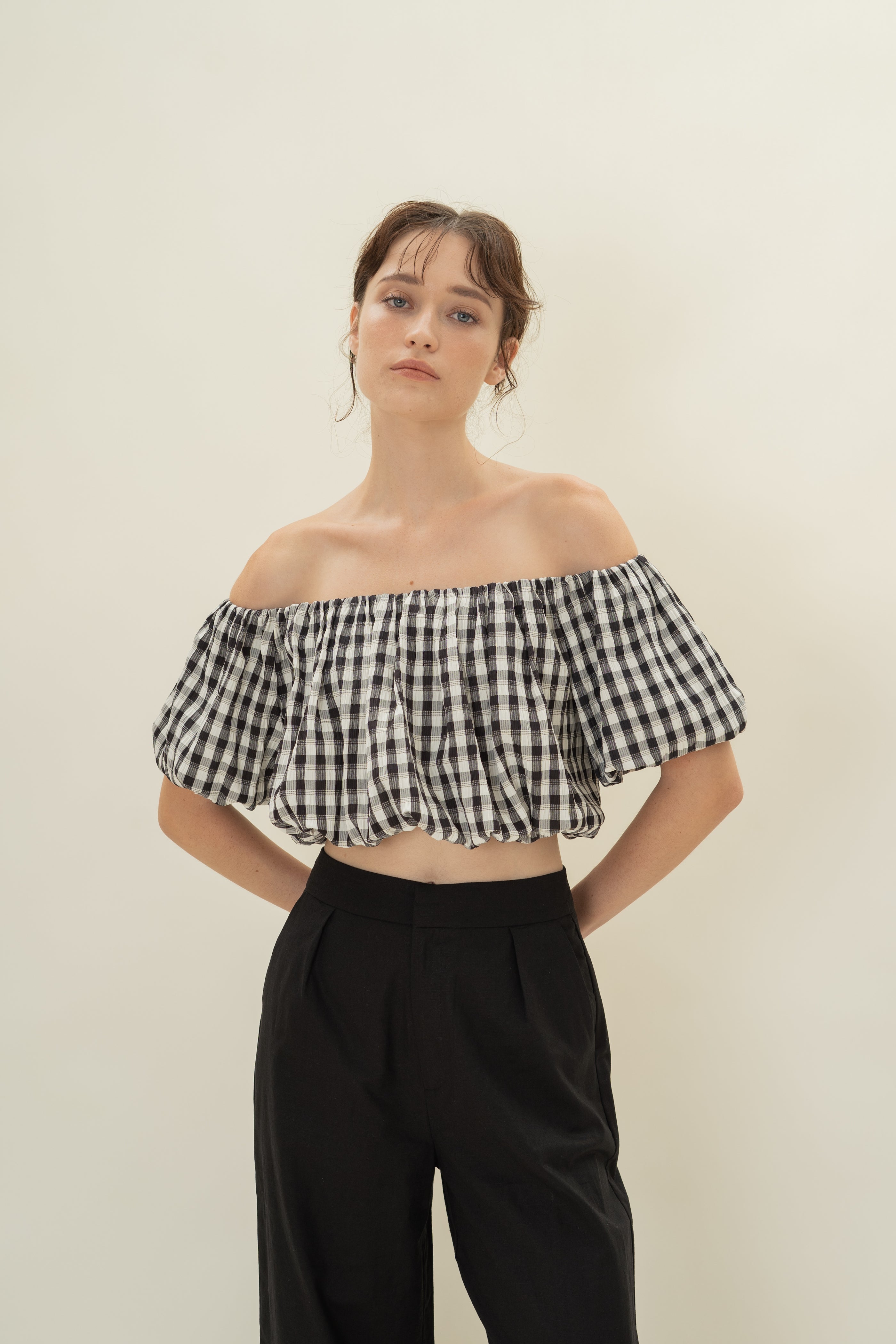 Puff Sleeve Off Shoulder Bubble Top in Black Gingham