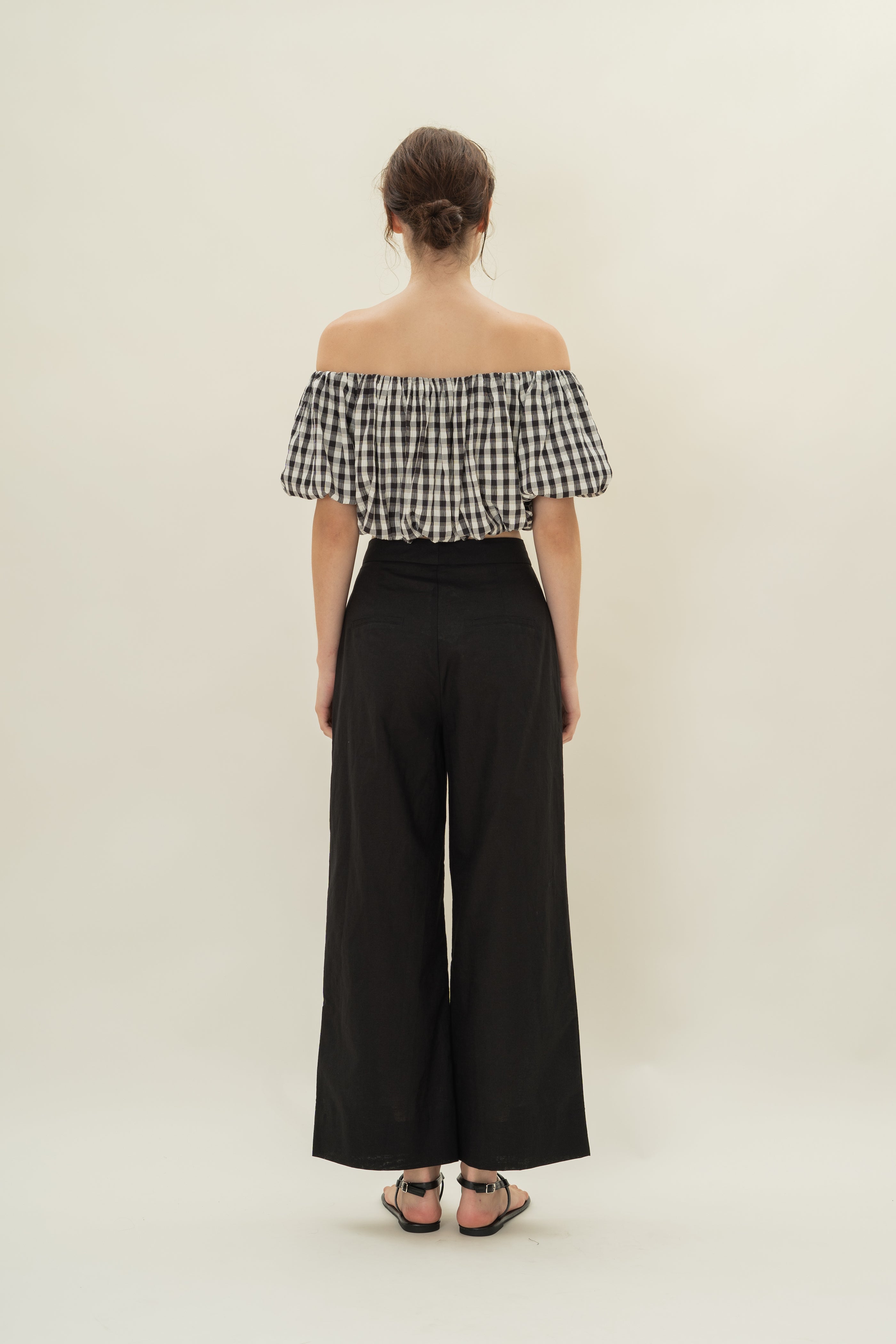 Puff Sleeve Off Shoulder Bubble Top in Black Gingham