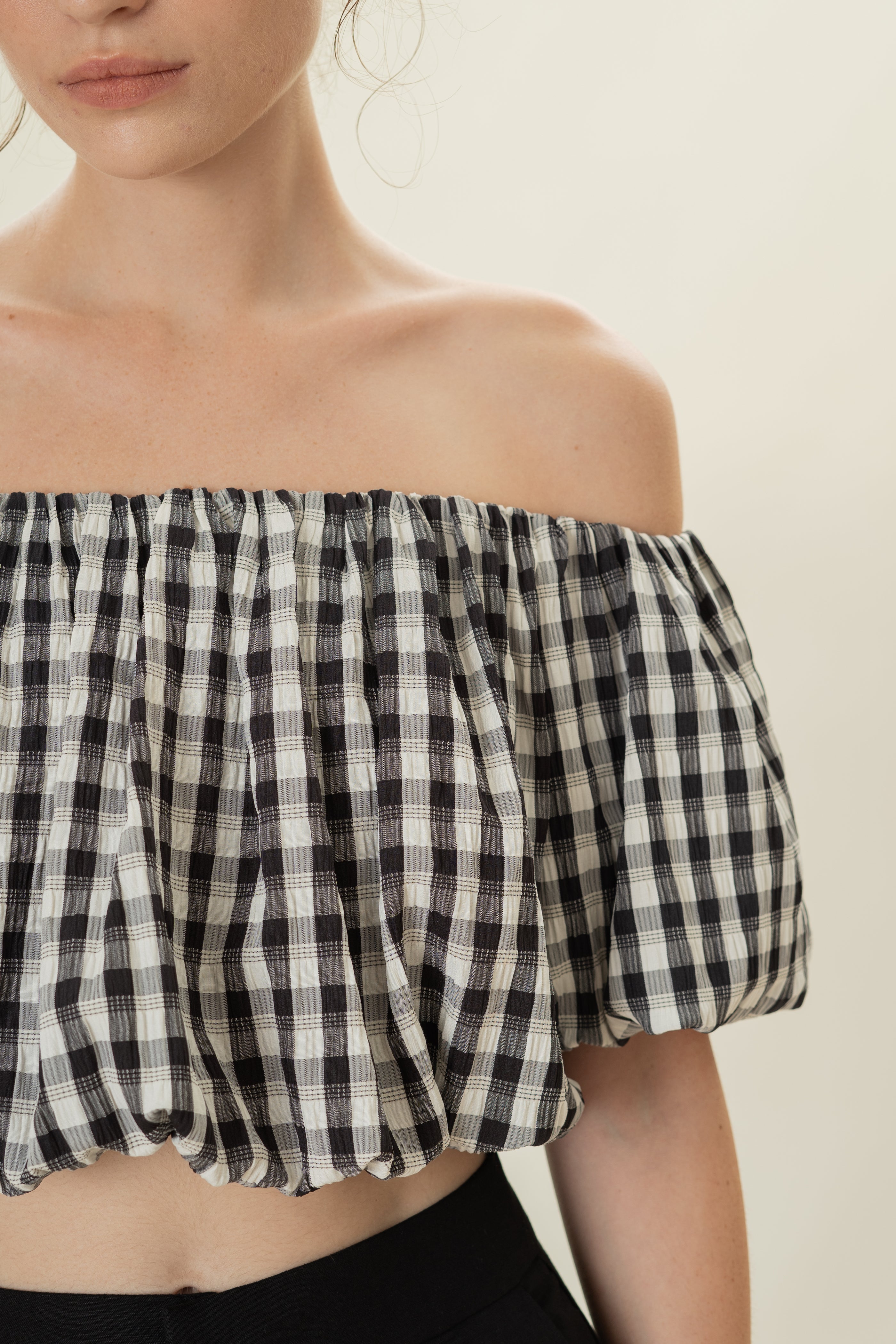 Puff Sleeve Off Shoulder Bubble Top in Black Gingham