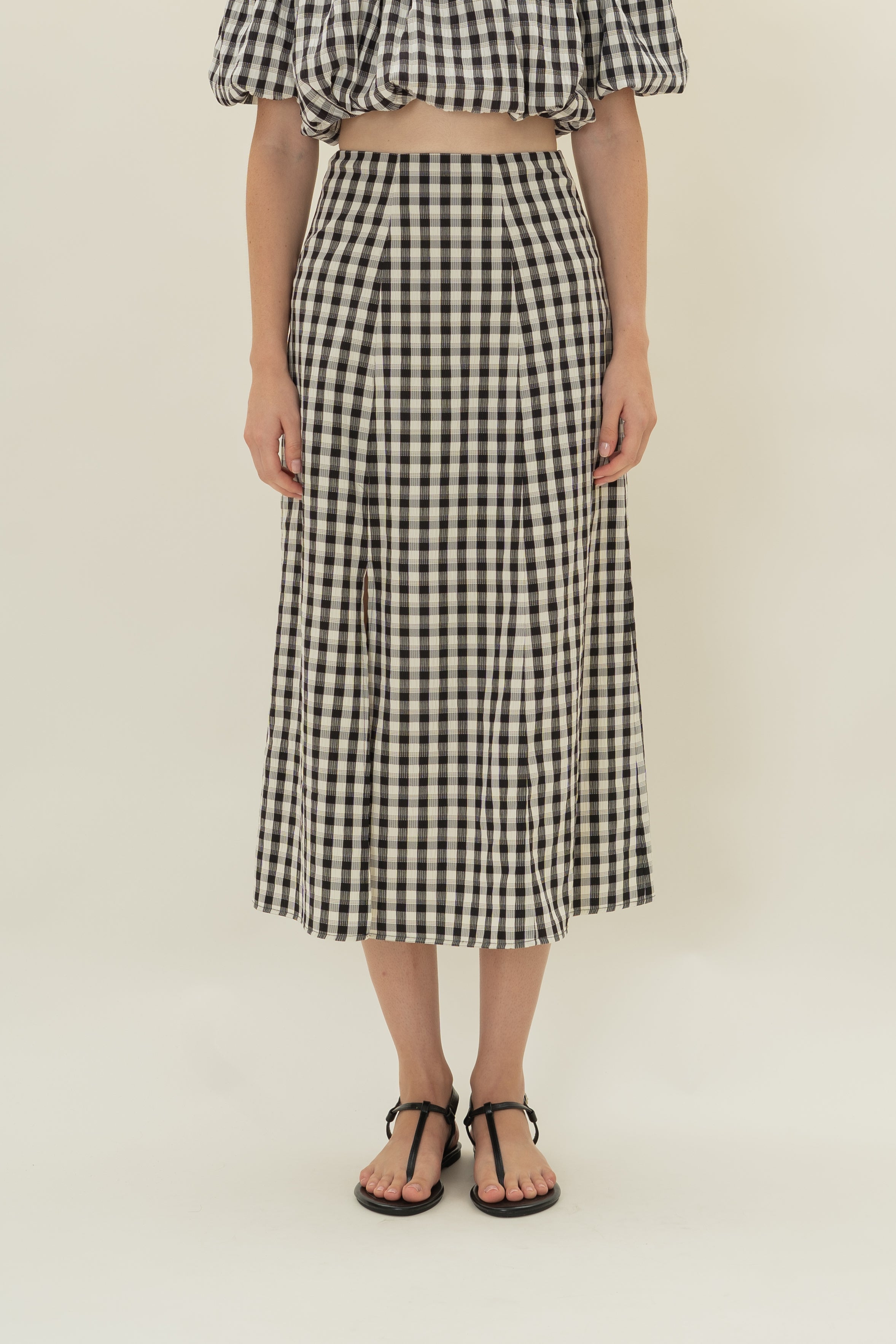 Gingham Skirt with Slit in Black Gingham