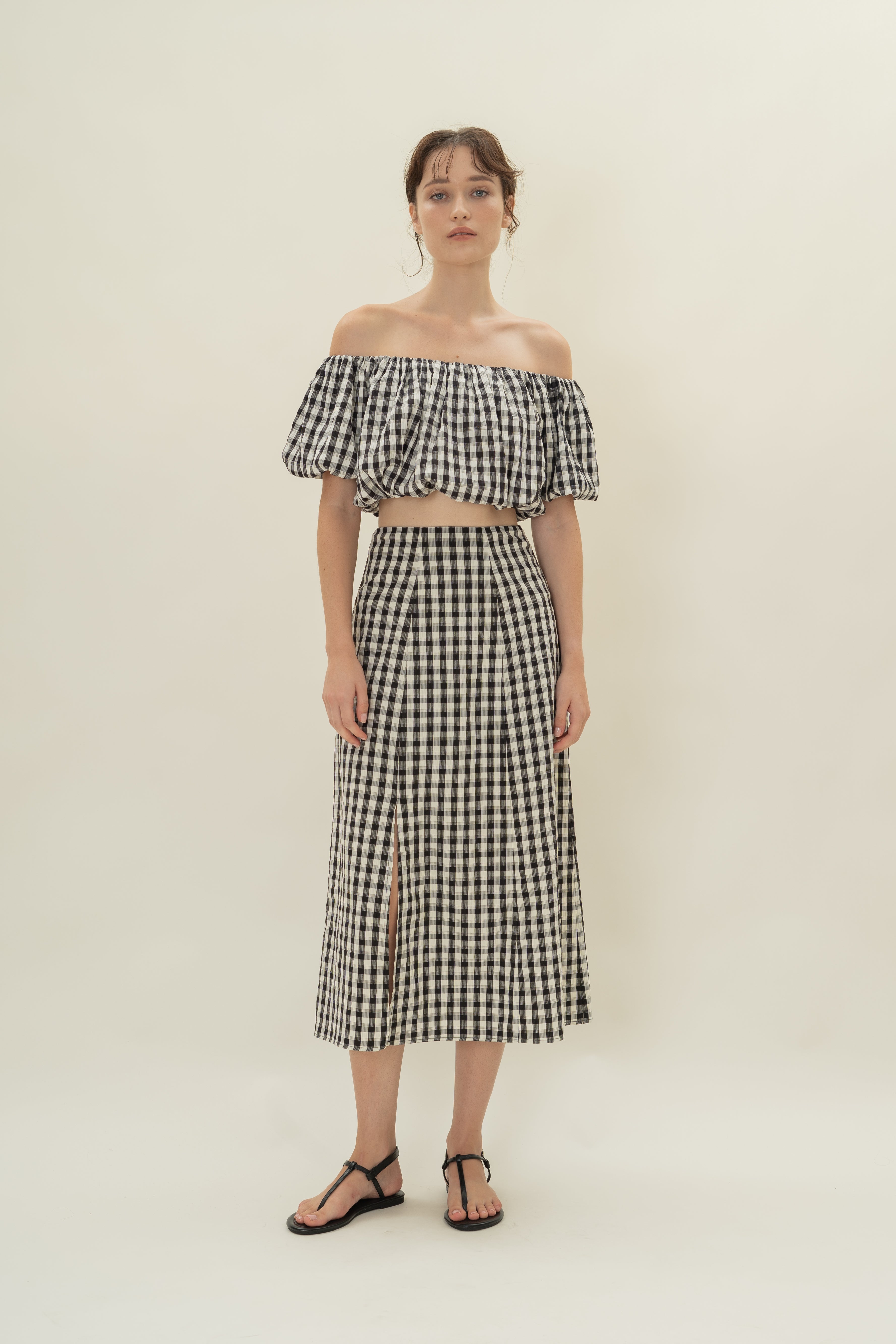 Gingham Skirt with Slit in Black Gingham