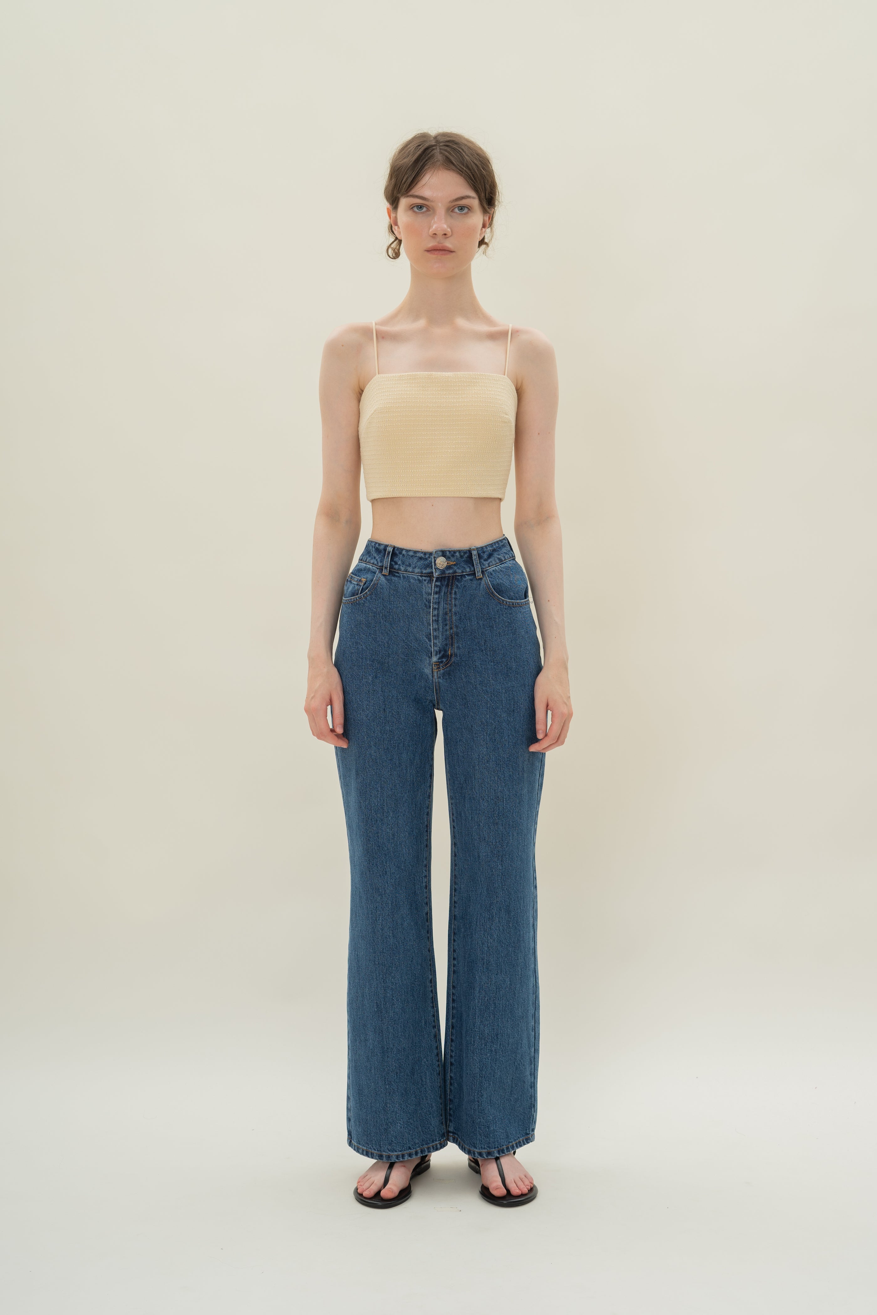 Textured Cropped Top With Thin Straps in Tweed Yellow