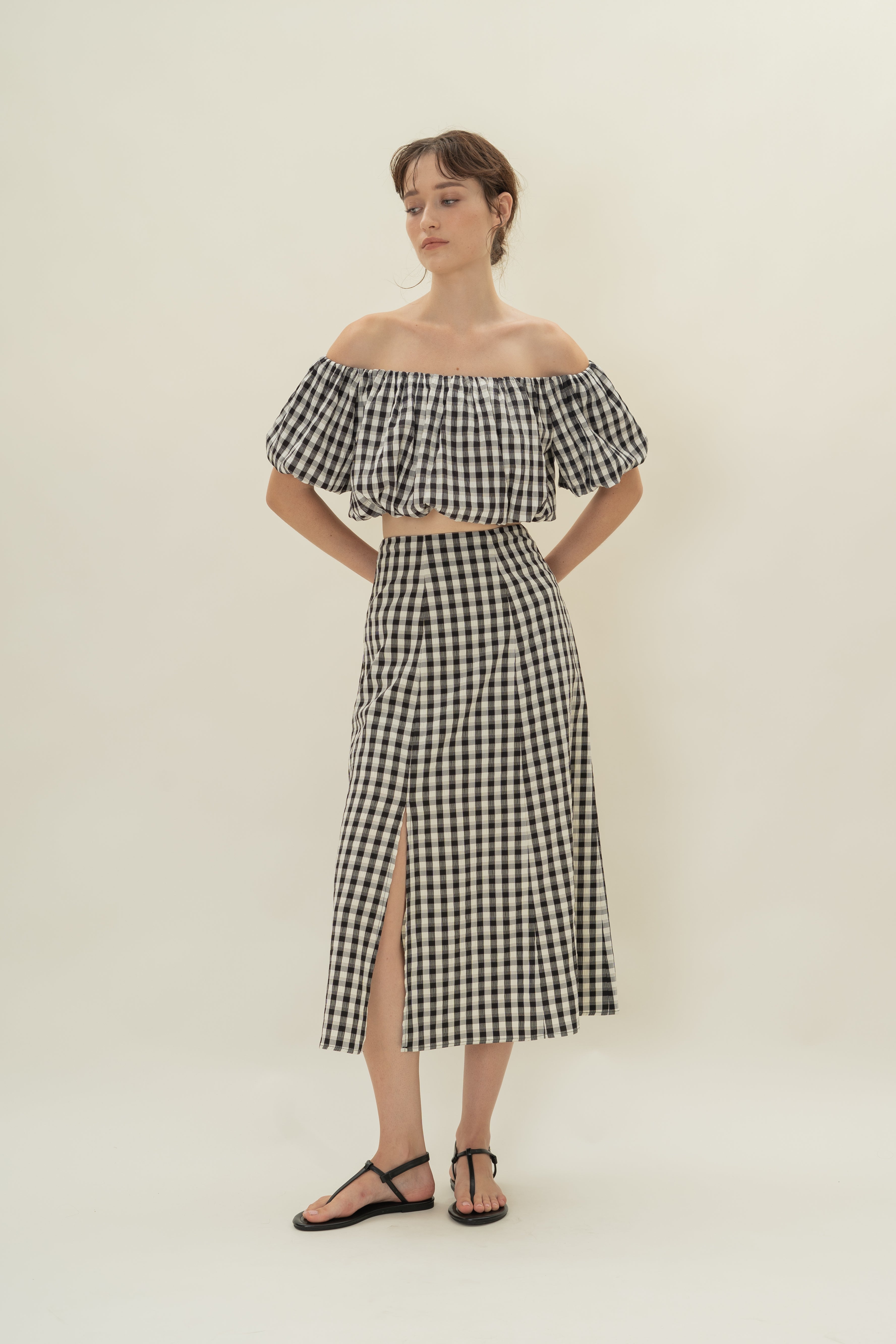 Gingham Skirt with Slit in Black Gingham