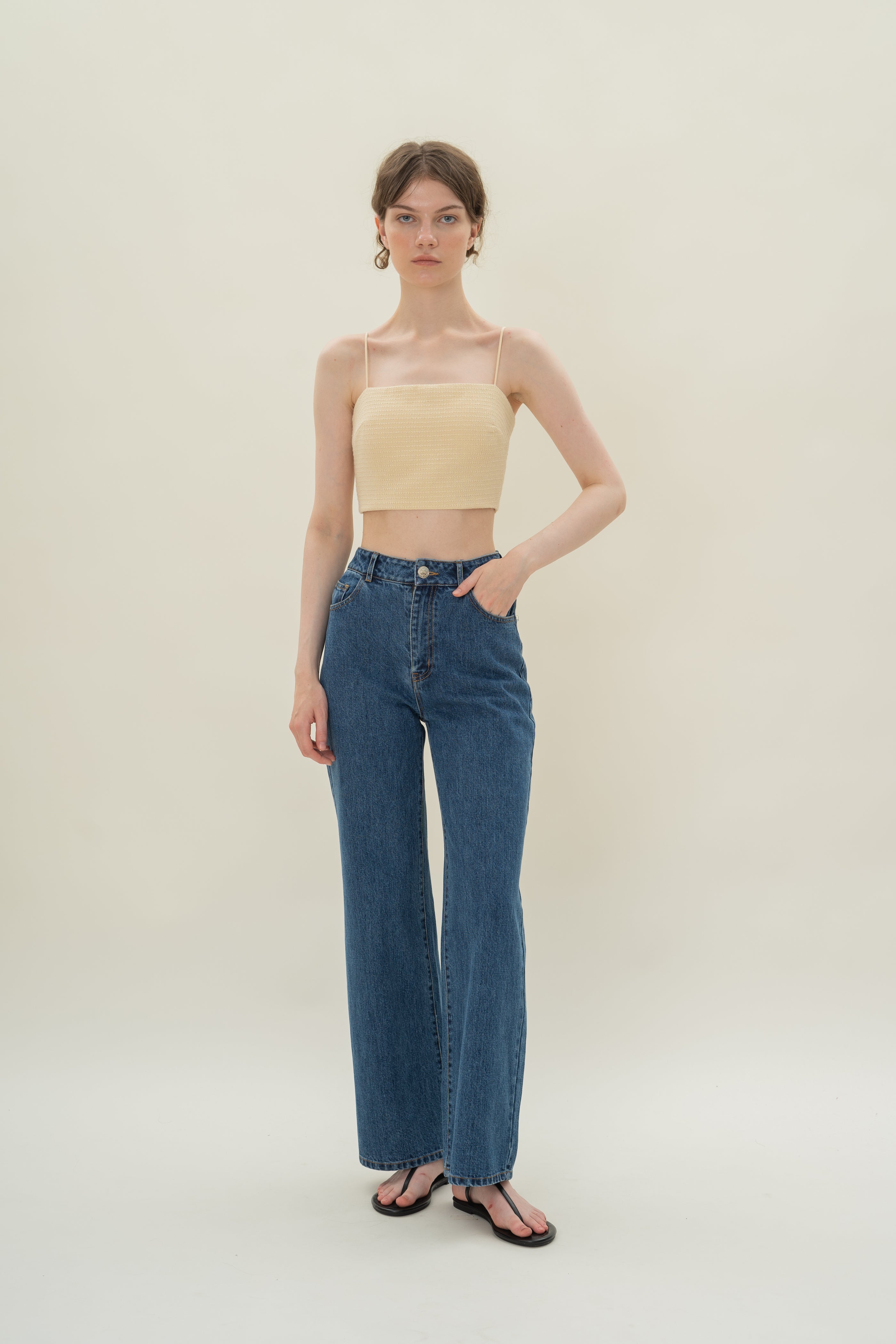 Textured Cropped Top With Thin Straps in Tweed Yellow