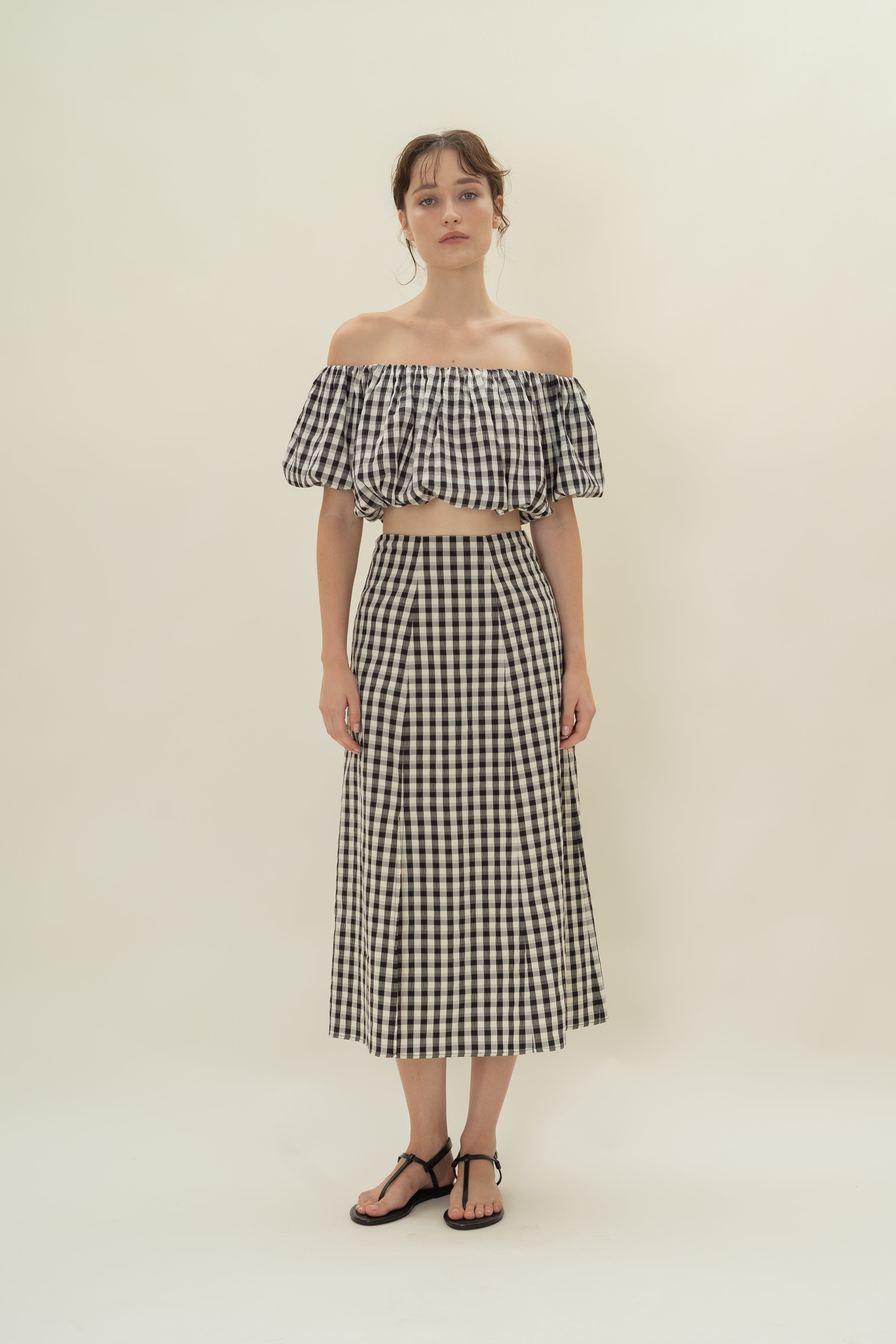Gingham Skirt with Slit in Black Gingham