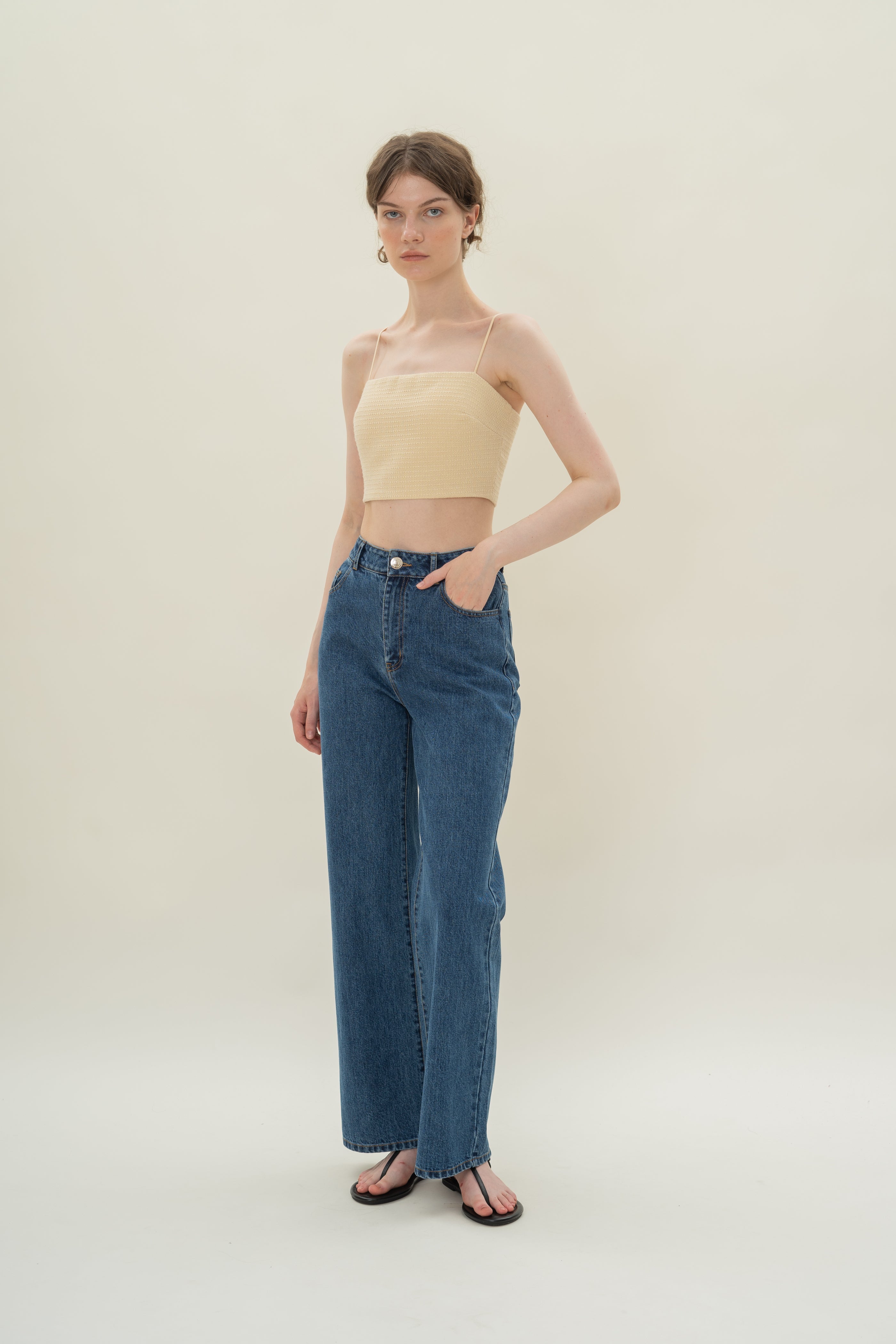 Textured Cropped Top With Thin Straps in Tweed Yellow