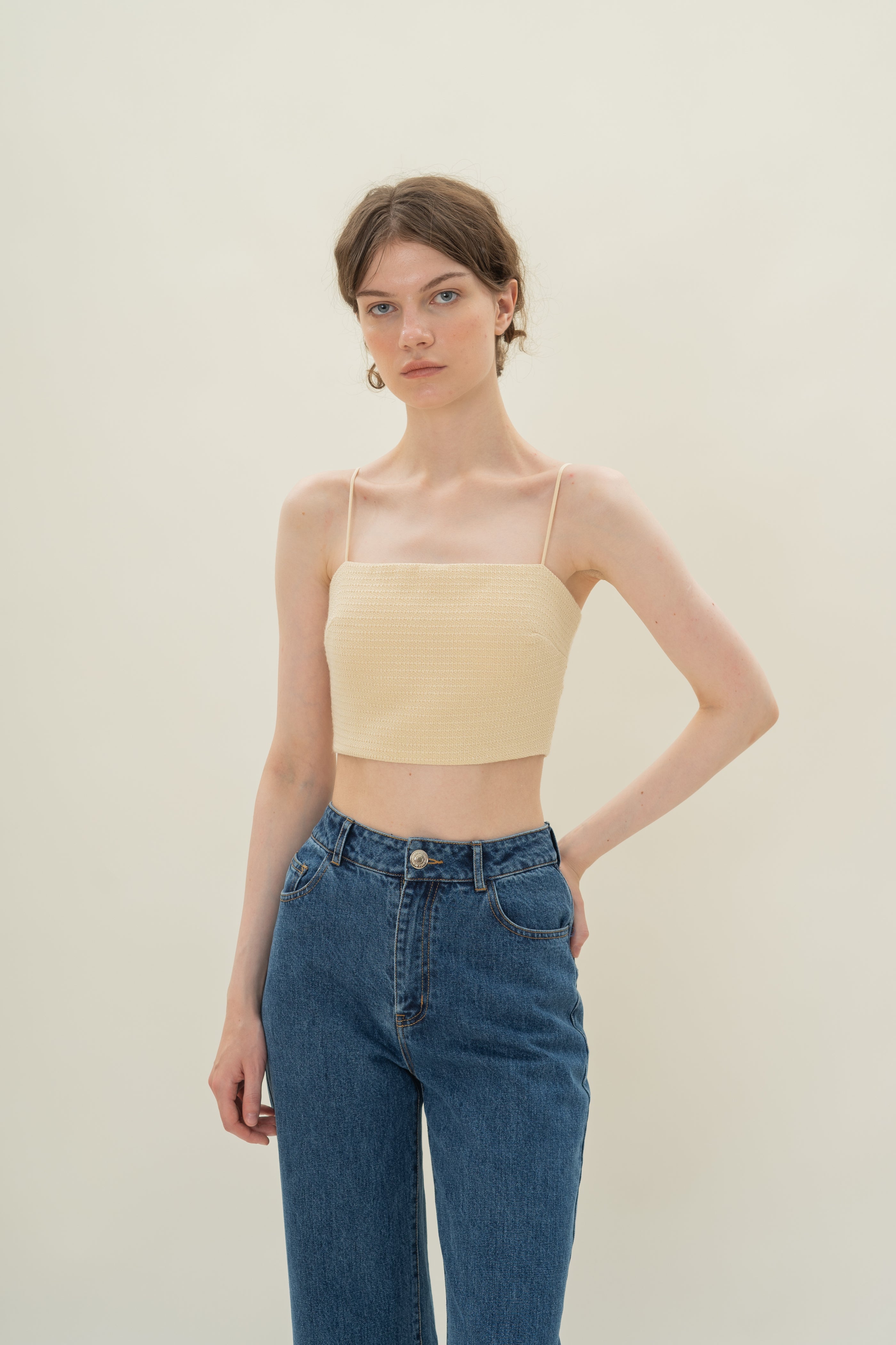 Textured Cropped Top With Thin Straps in Tweed Yellow