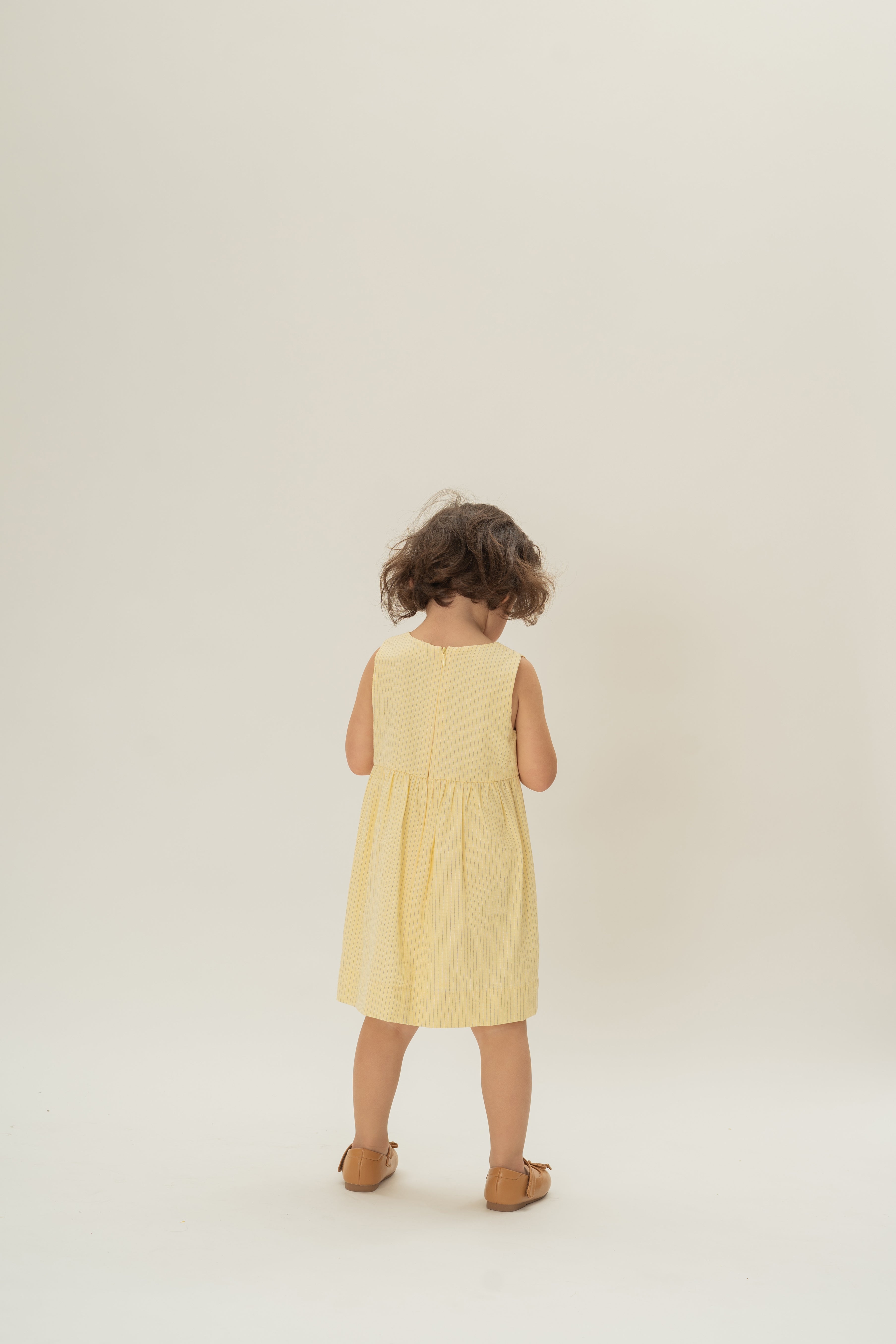 Mini Gathered Waist Dress in Linen Blend Lemon Stripes