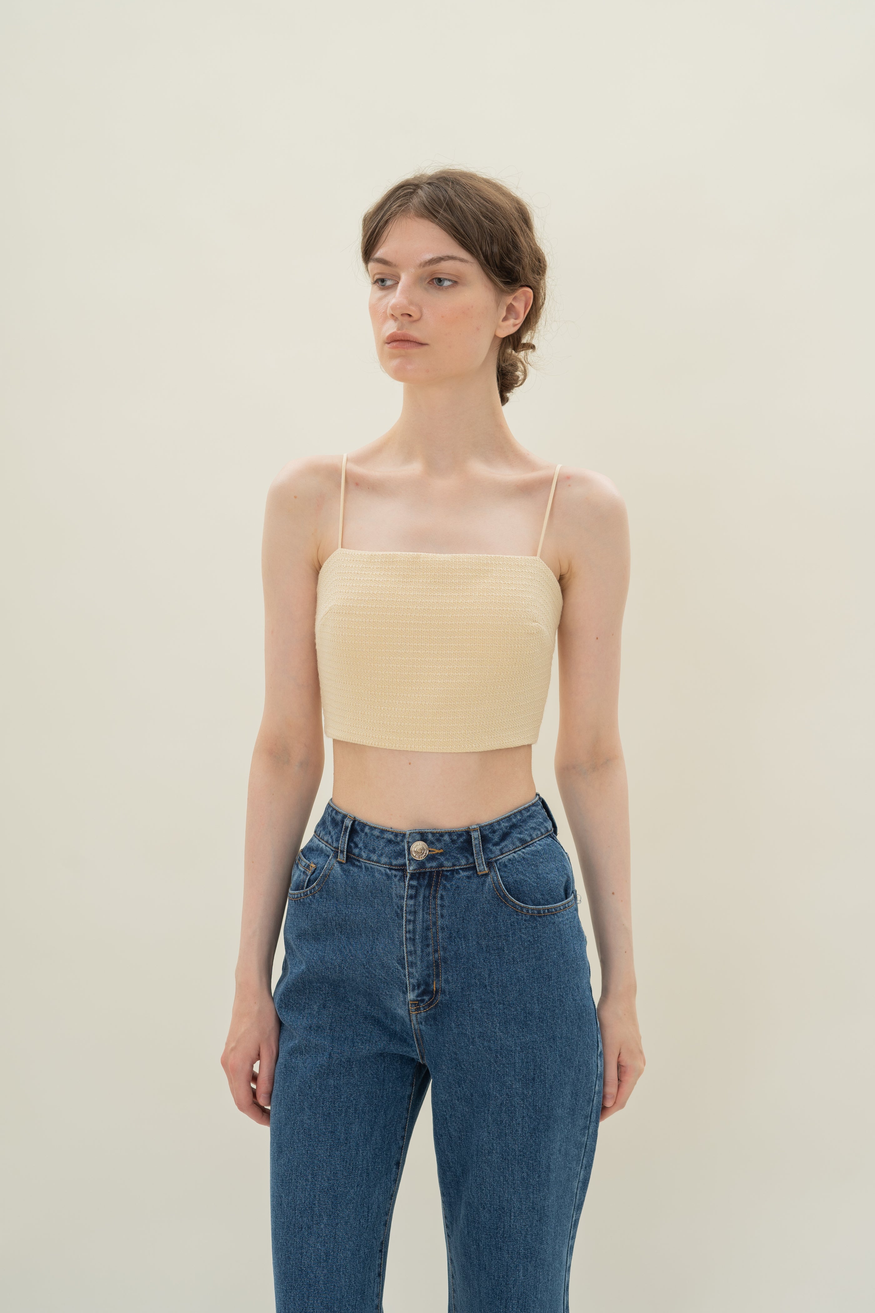 Textured Cropped Top With Thin Straps in Tweed Yellow