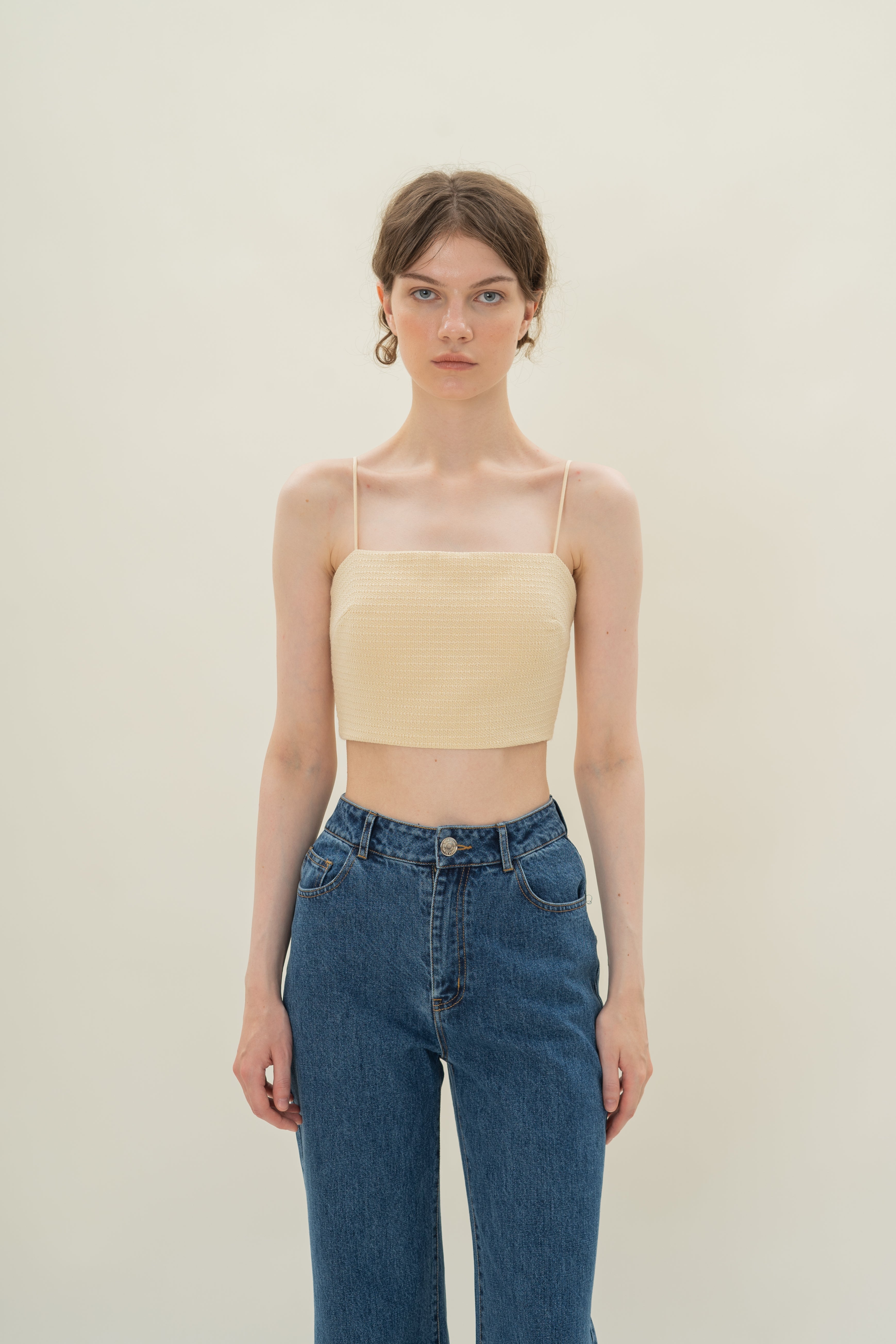 Textured Cropped Top With Thin Straps in Tweed Yellow