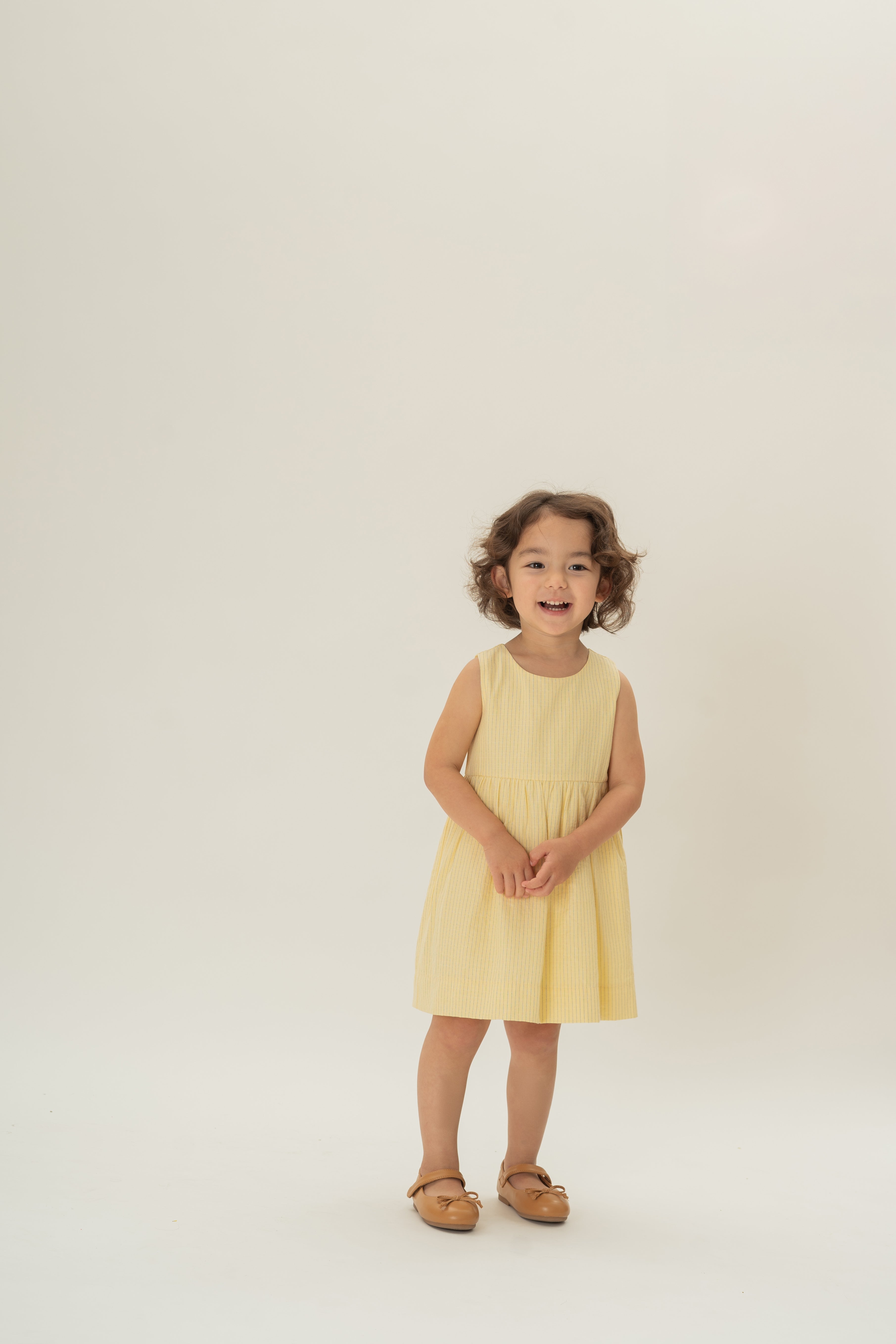 Mini Gathered Waist Dress in Linen Blend Lemon Stripes