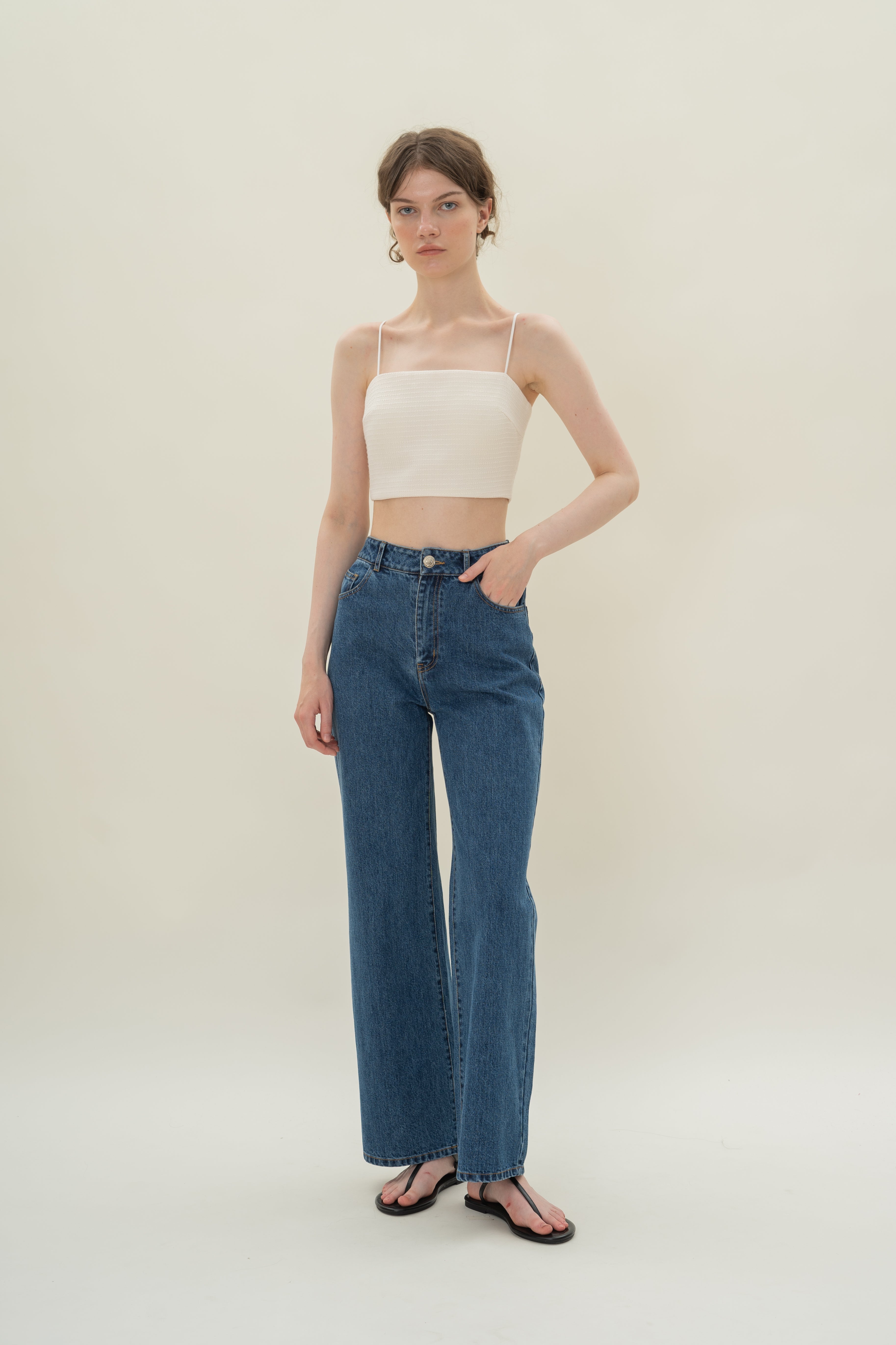 Textured Cropped Top With Thin Straps in Tweed White