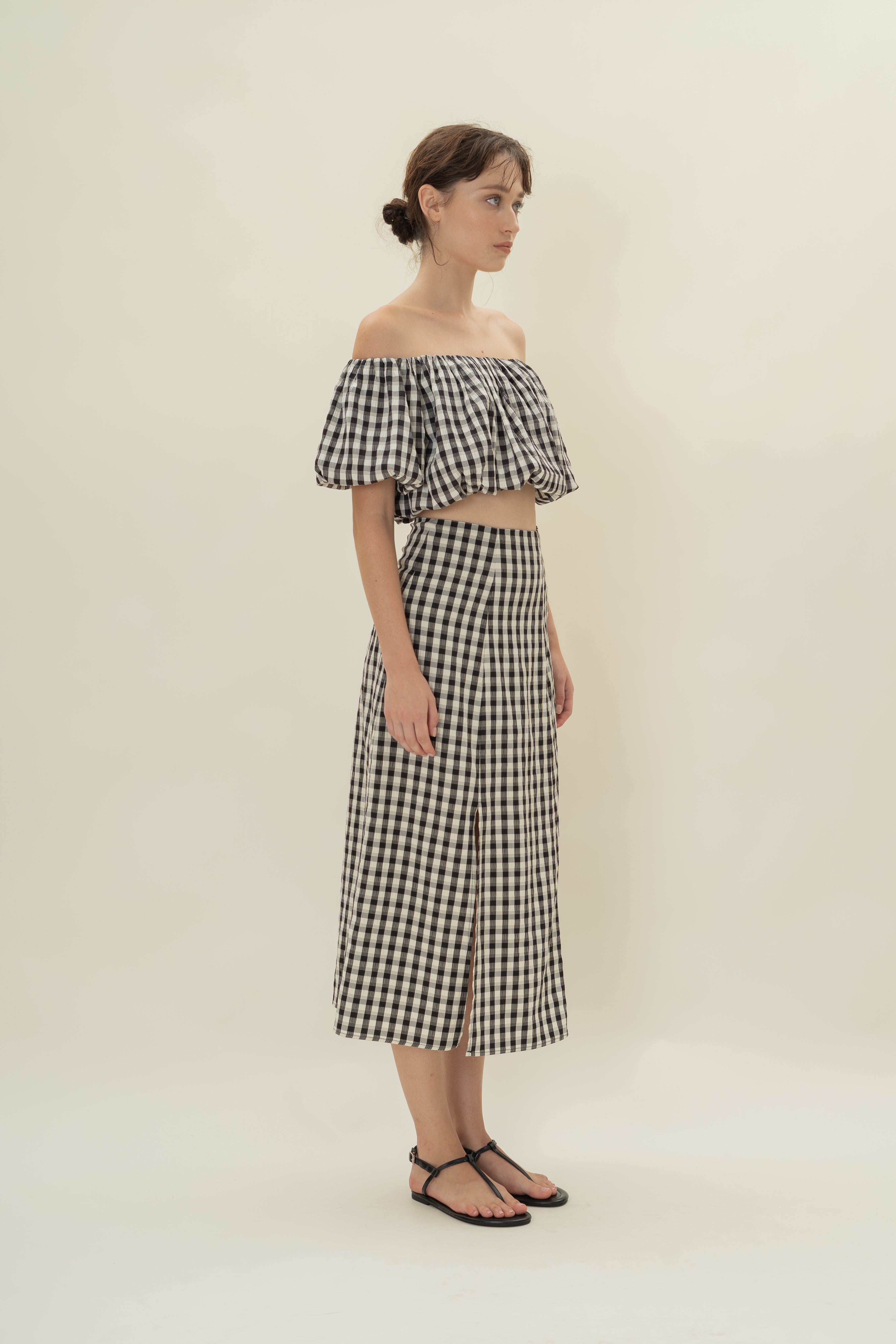 Gingham Skirt with Slit in Black Gingham