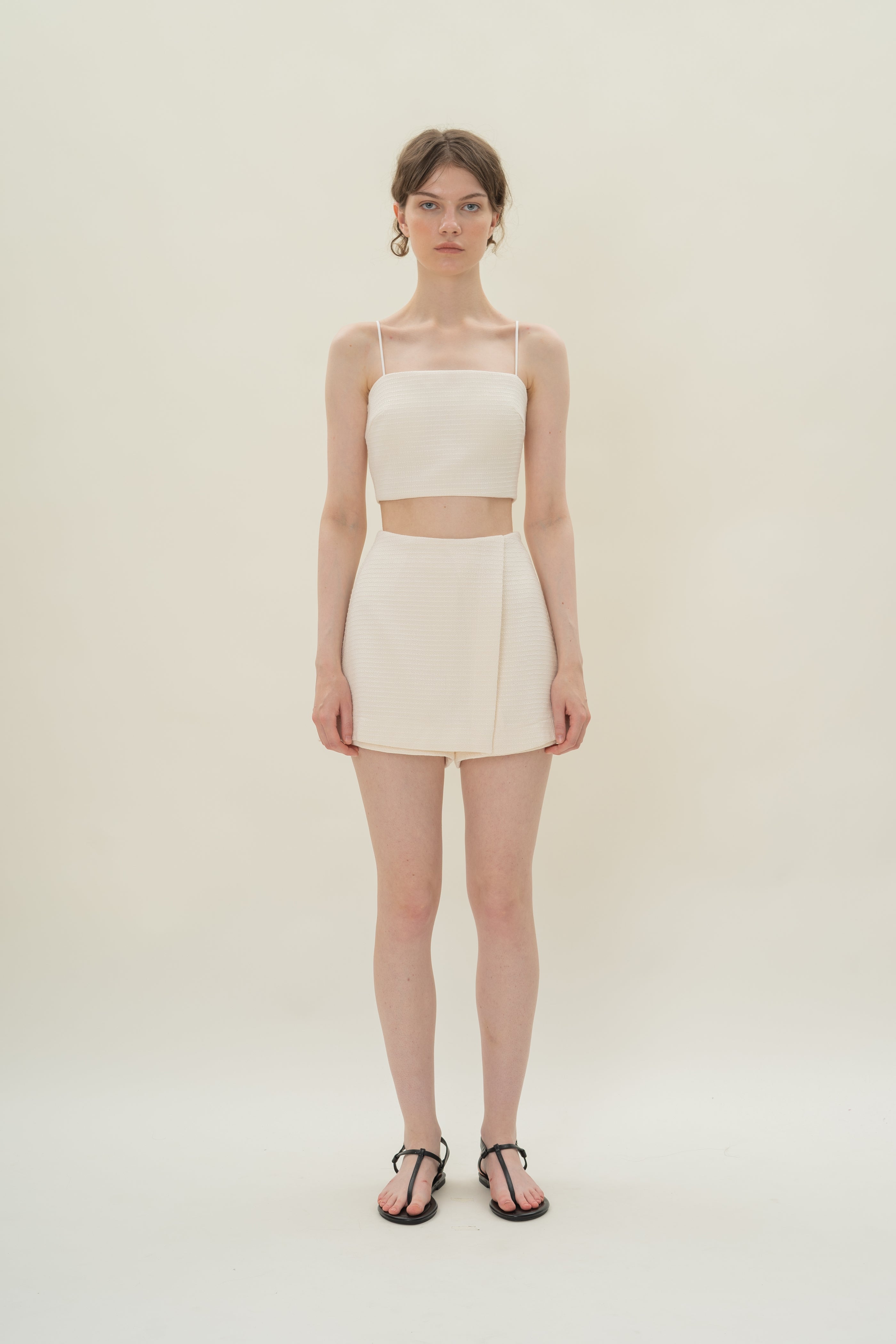 Textured Cropped Top With Thin Straps in Tweed White