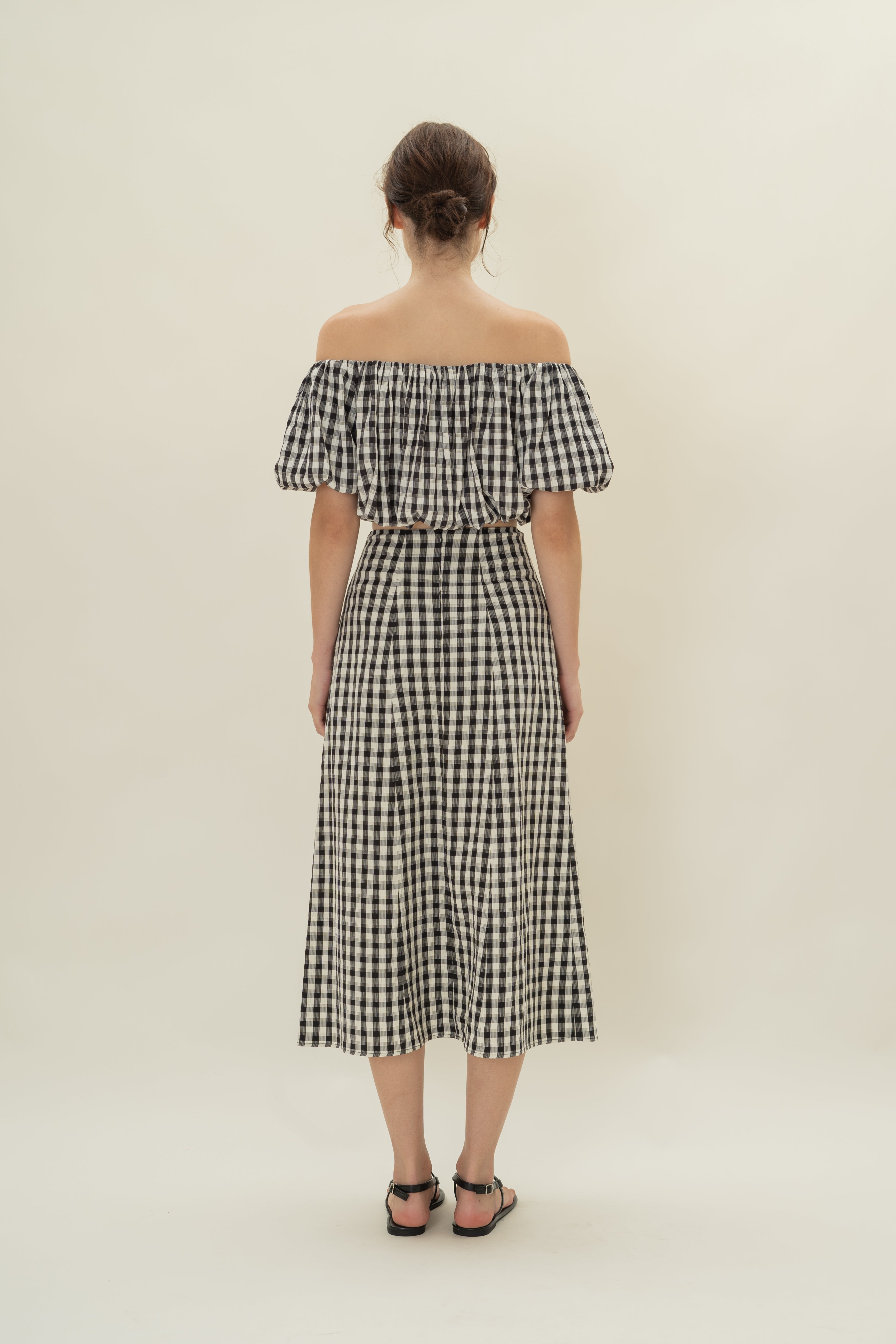 Gingham Skirt with Slit in Black Gingham