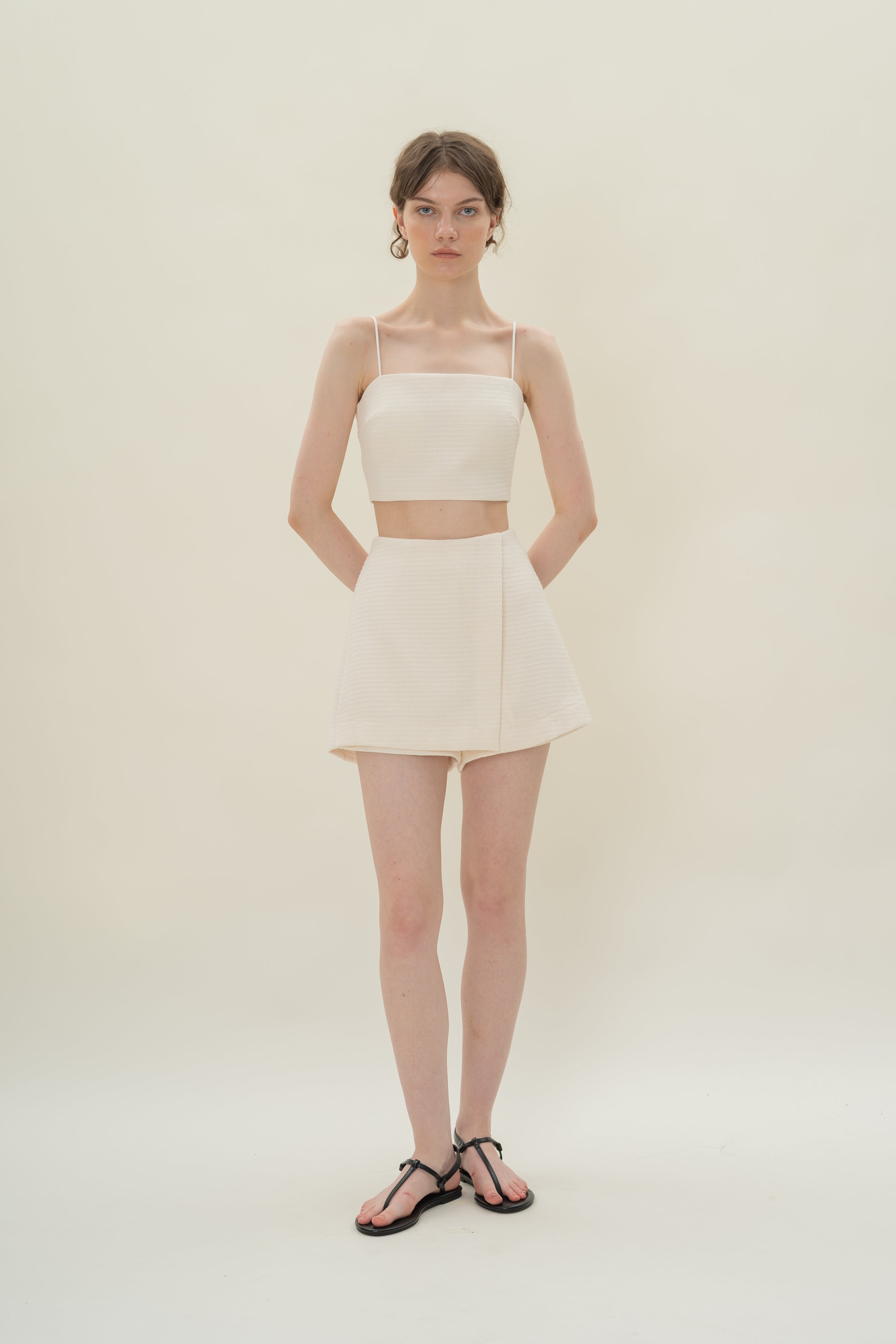 Textured Cropped Top With Thin Straps in Tweed White