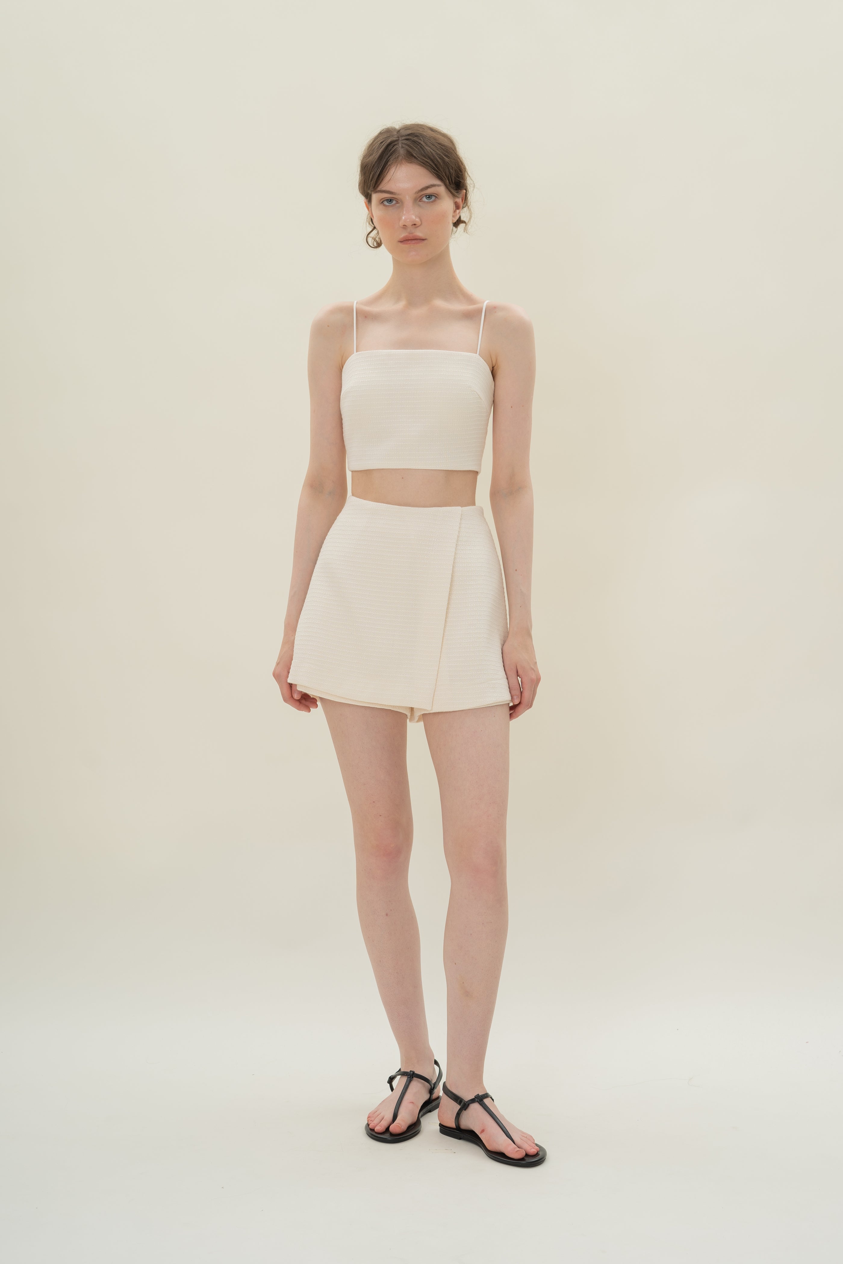 Textured Cropped Top With Thin Straps in Tweed White