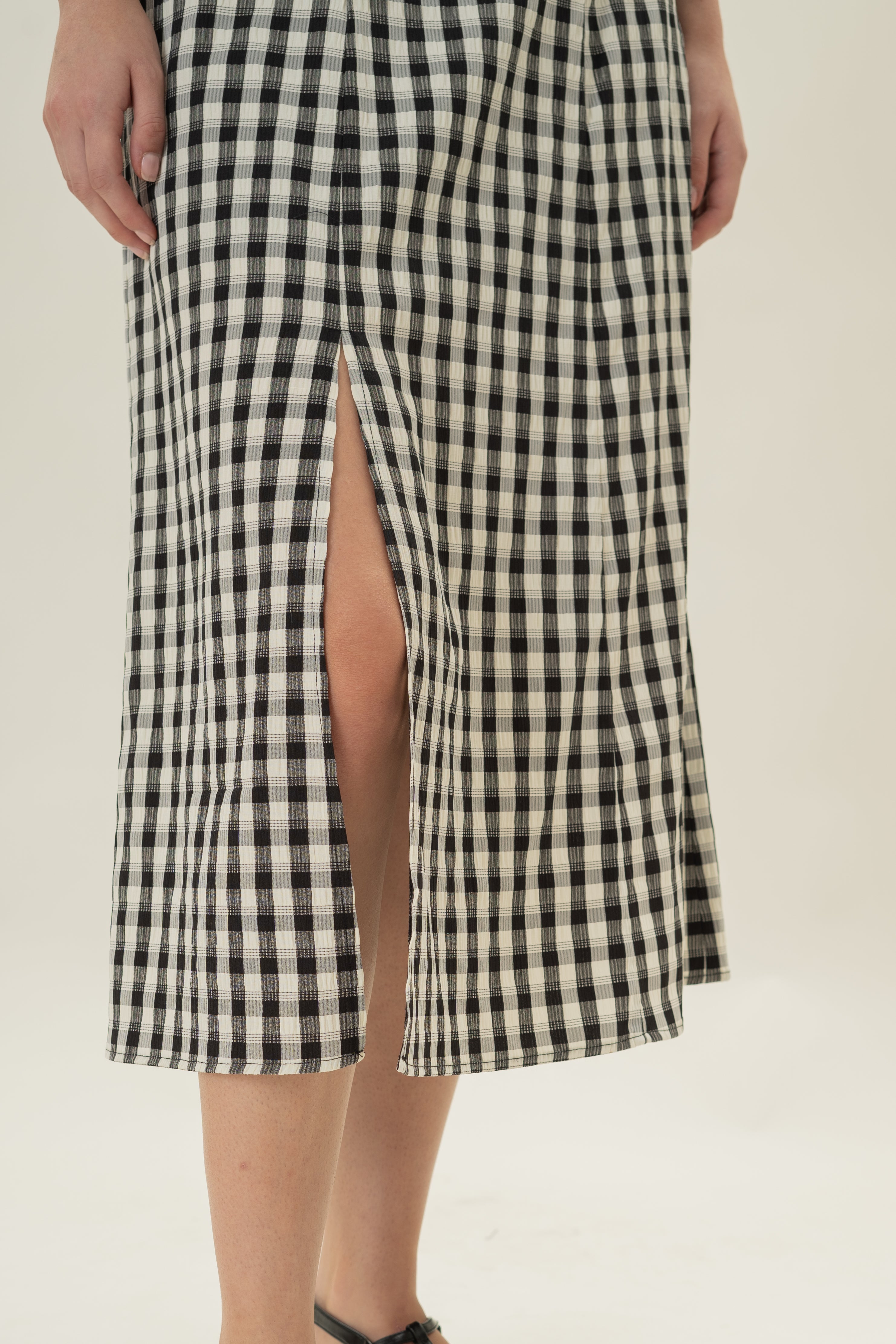 Gingham Skirt with Slit in Black Gingham