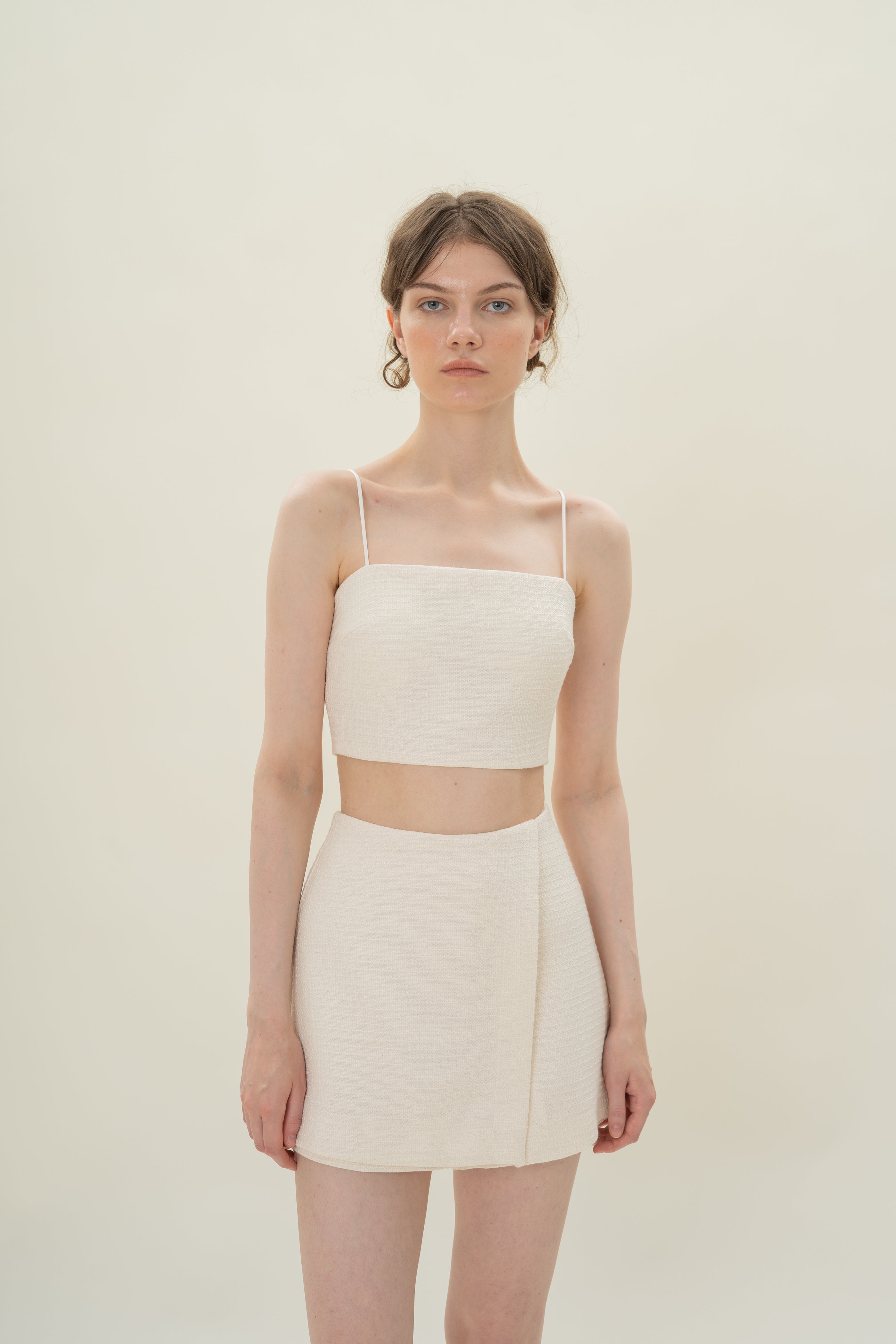 Textured Cropped Top With Thin Straps in Tweed White