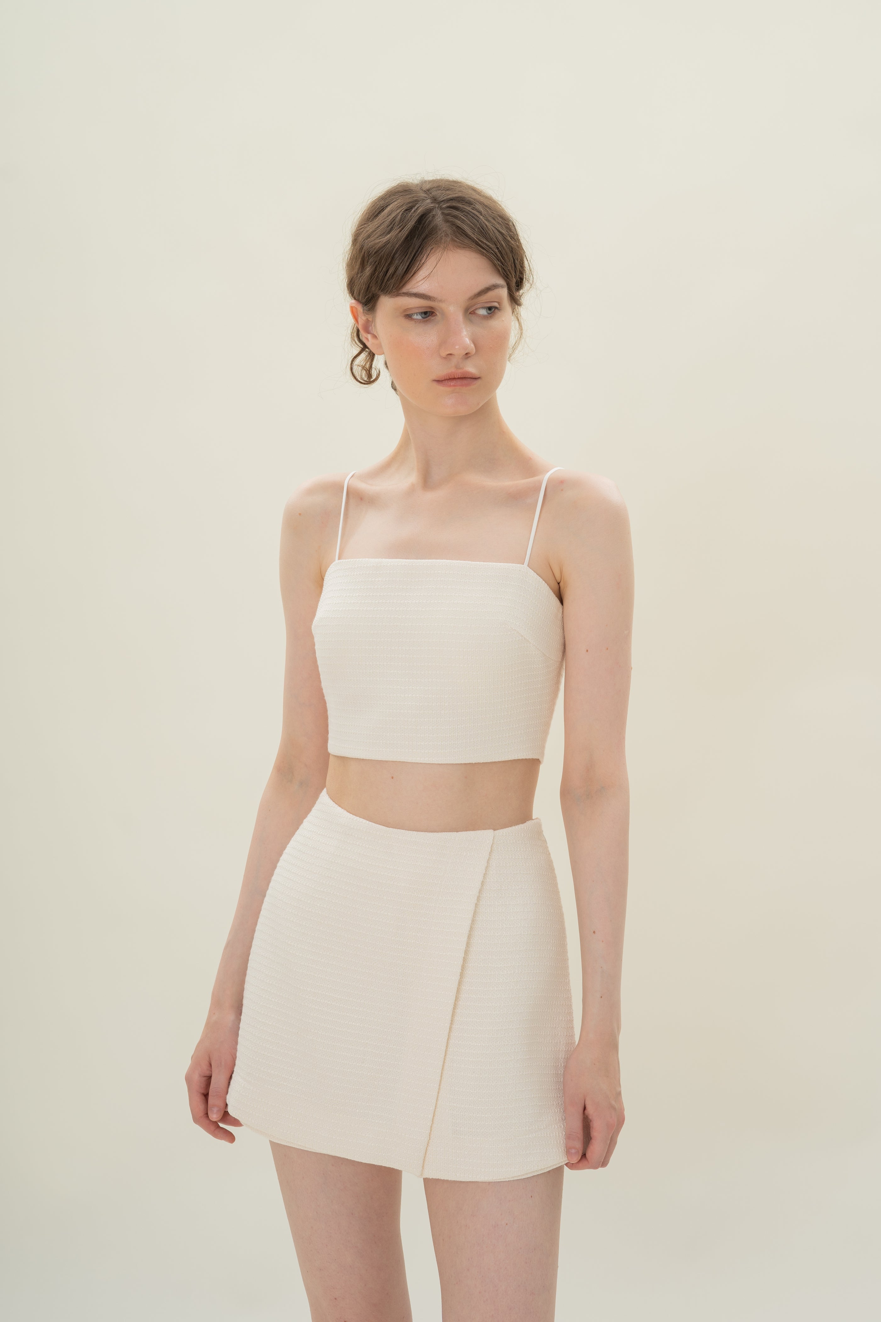 Textured Cropped Top With Thin Straps in Tweed White